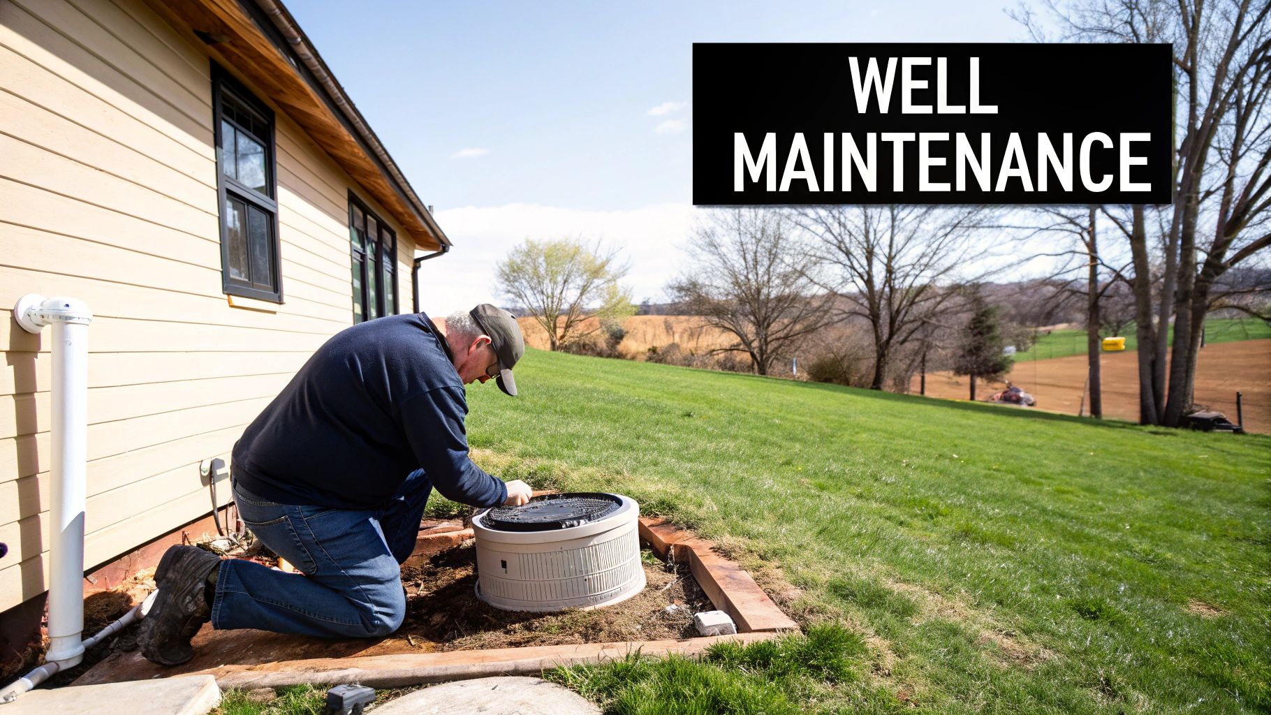 A professional technician inspects the wellhead and pump of a residential well system, symbolizing proactive maintenance.