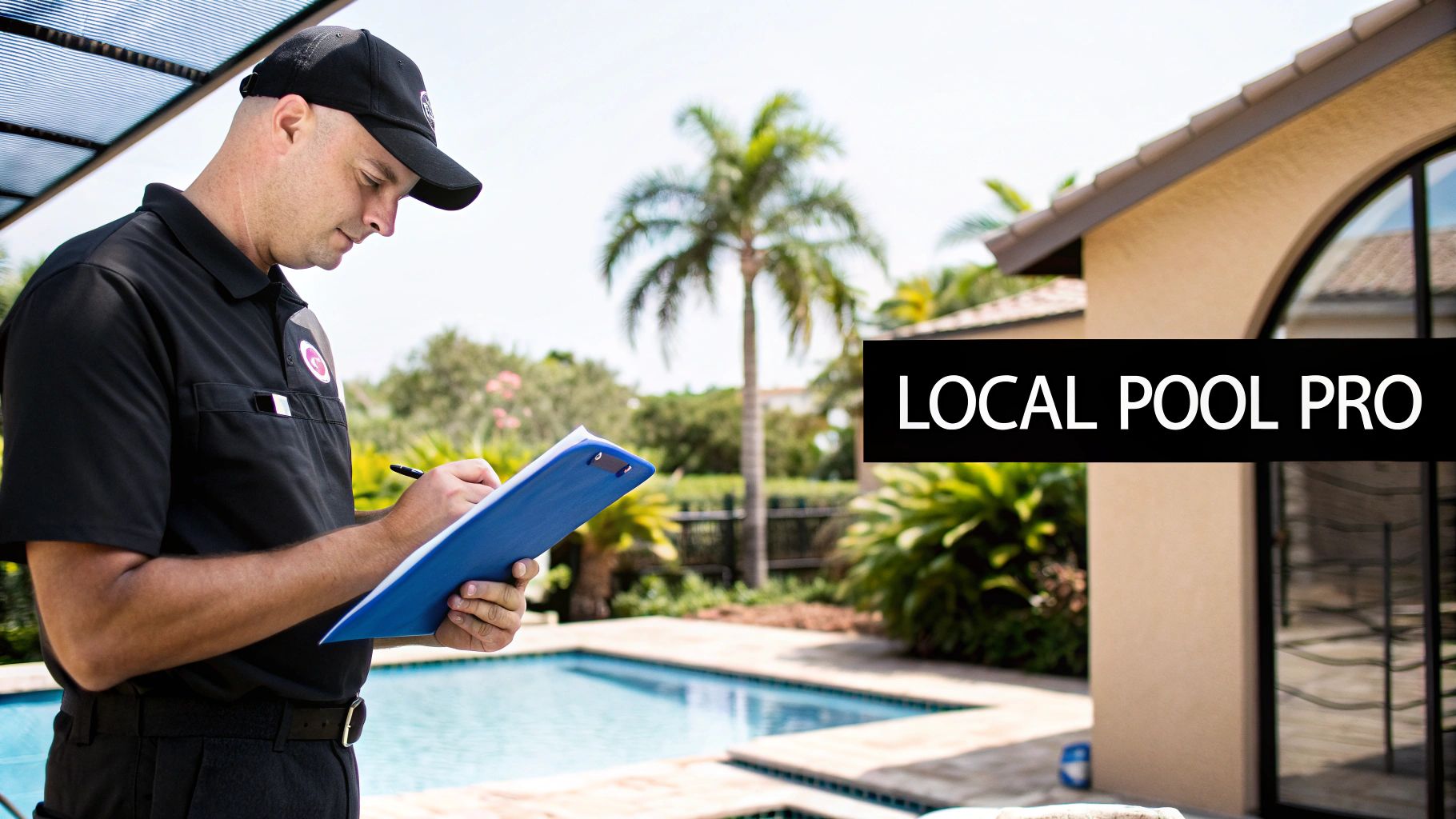 A professional pool technician in a black uniform writes on a clipboard next to a residential swimming pool.