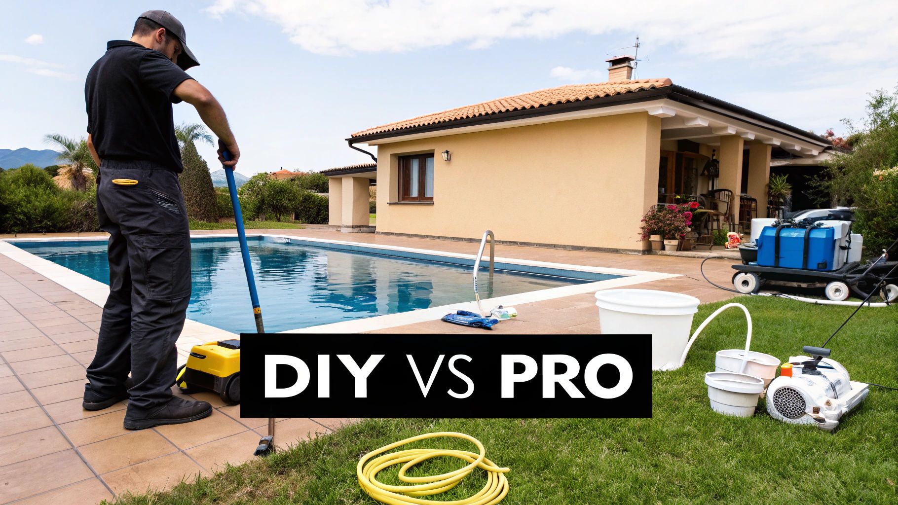 A split image showing a professional pool technician on one side and a homeowner with pool cleaning tools on the other.