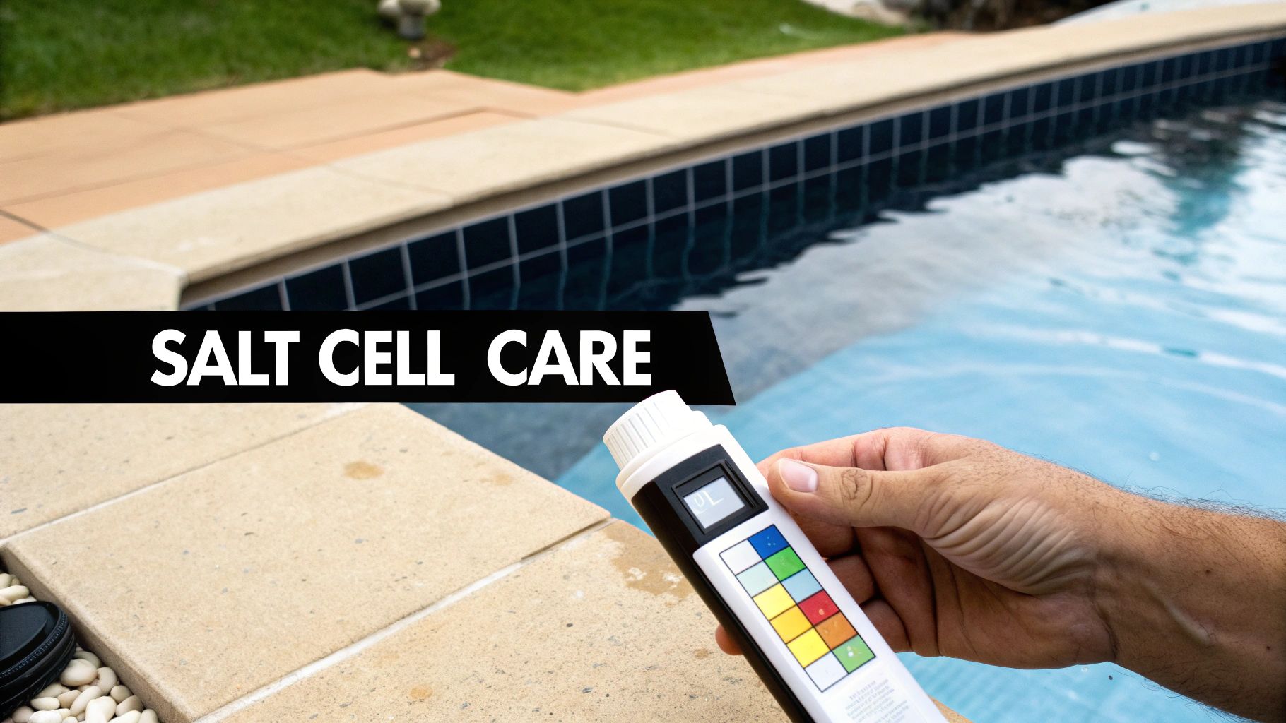 A technician inspecting the salt cell of a pool's filtration system.
