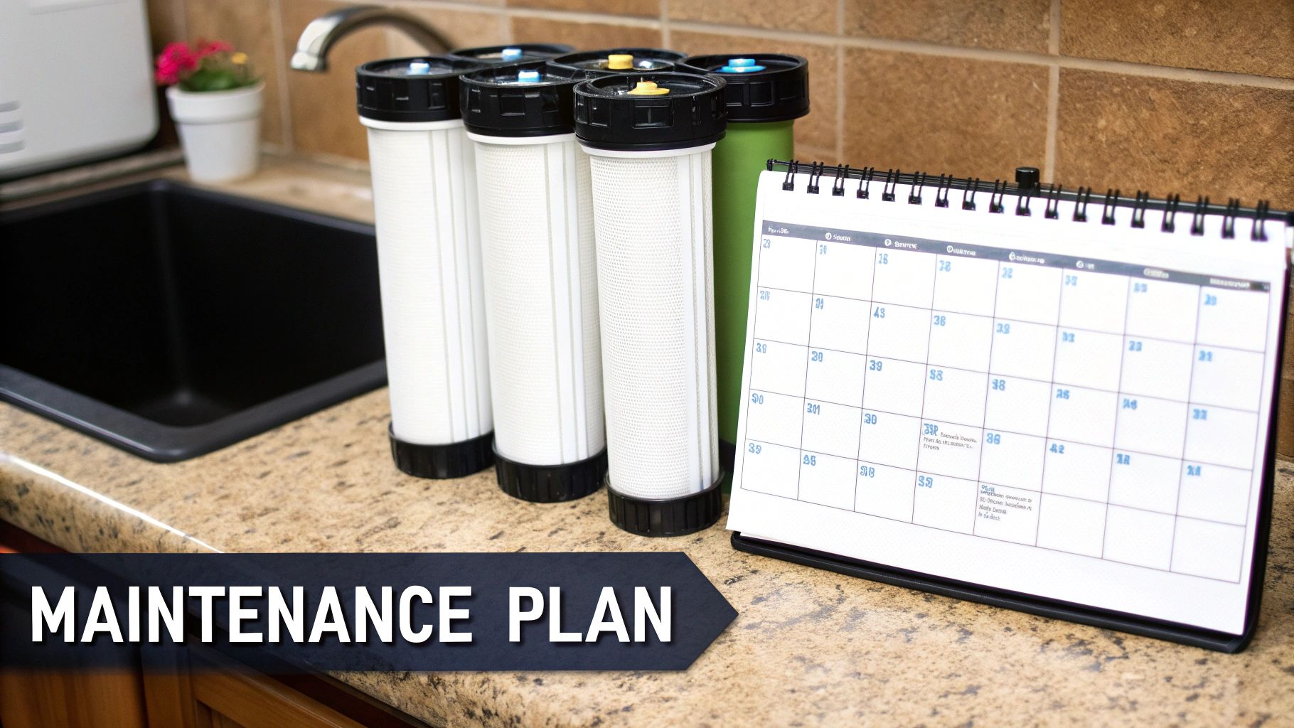 A person changing a water filter in an under-sink reverse osmosis system.
