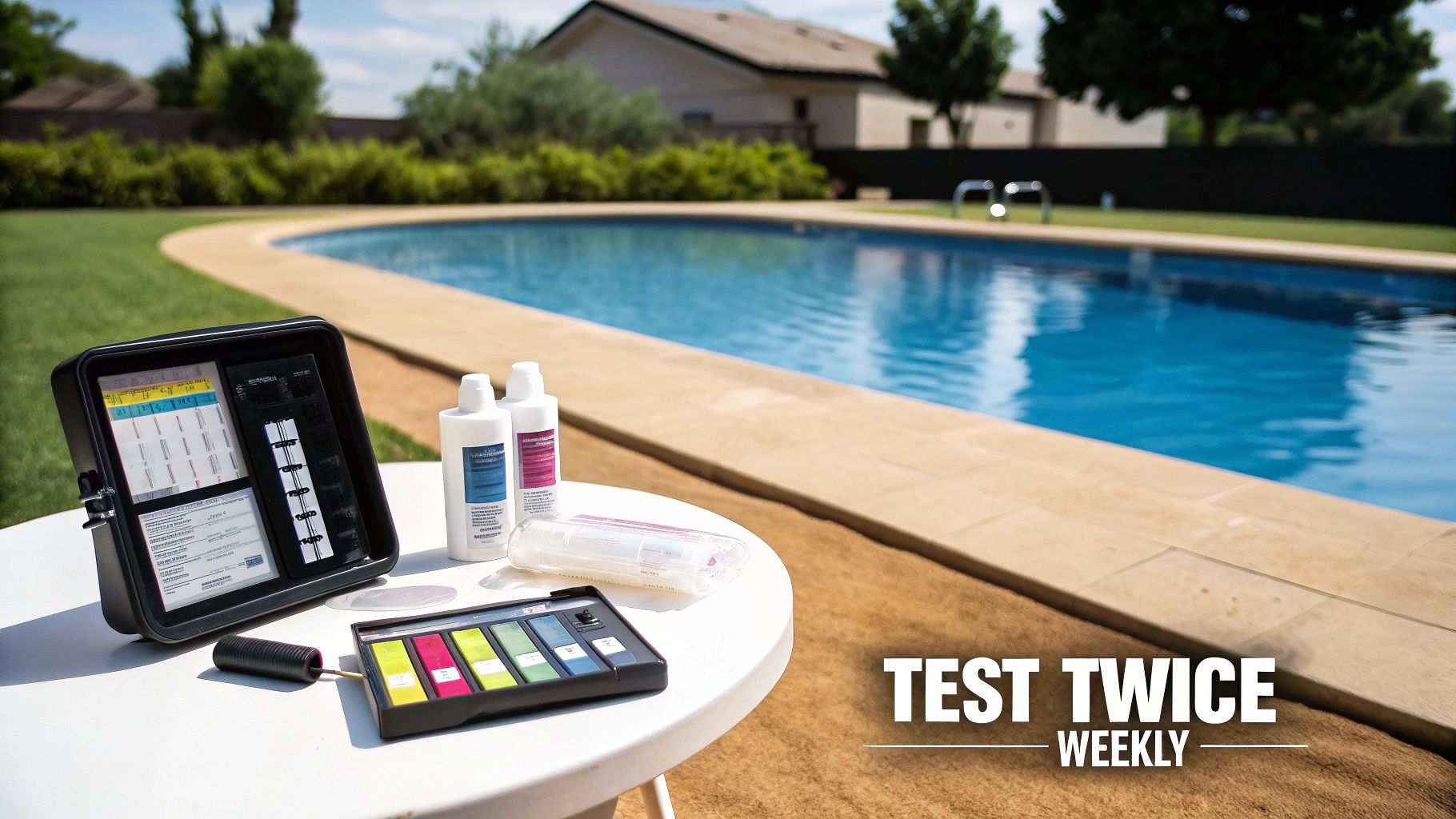 A perfectly clear blue swimming pool with lounge chairs and lush greenery in the background.