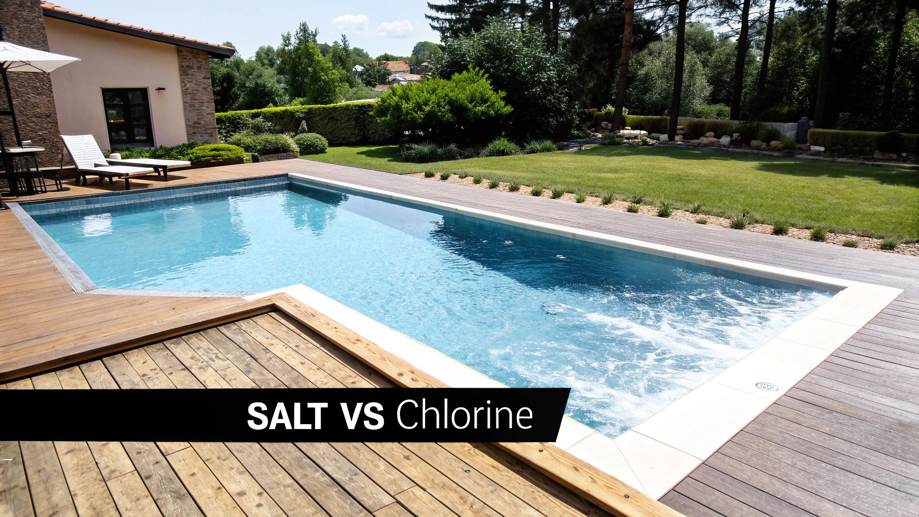 A sparkling clean swimming pool with clear blue water and comfortable lounge chairs on the deck.