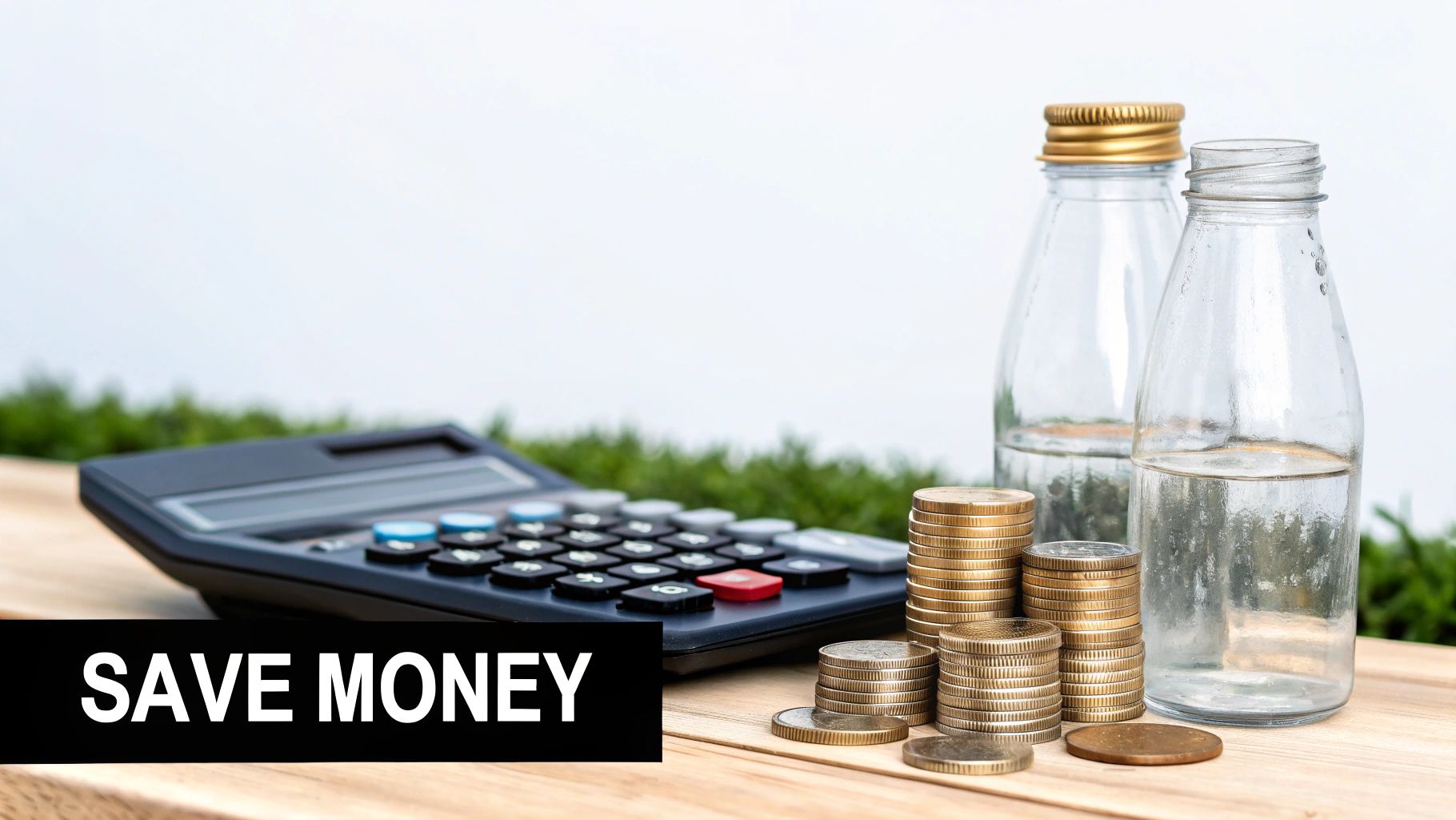 Calculator, stacks of coins, and water bottles on a wooden table, symbolizing saving money.