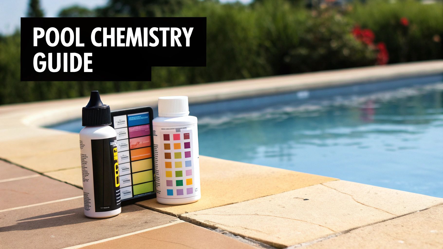 Pool chemistry guide text with testing kit, color chart, and bottles beside a blue swimming pool.