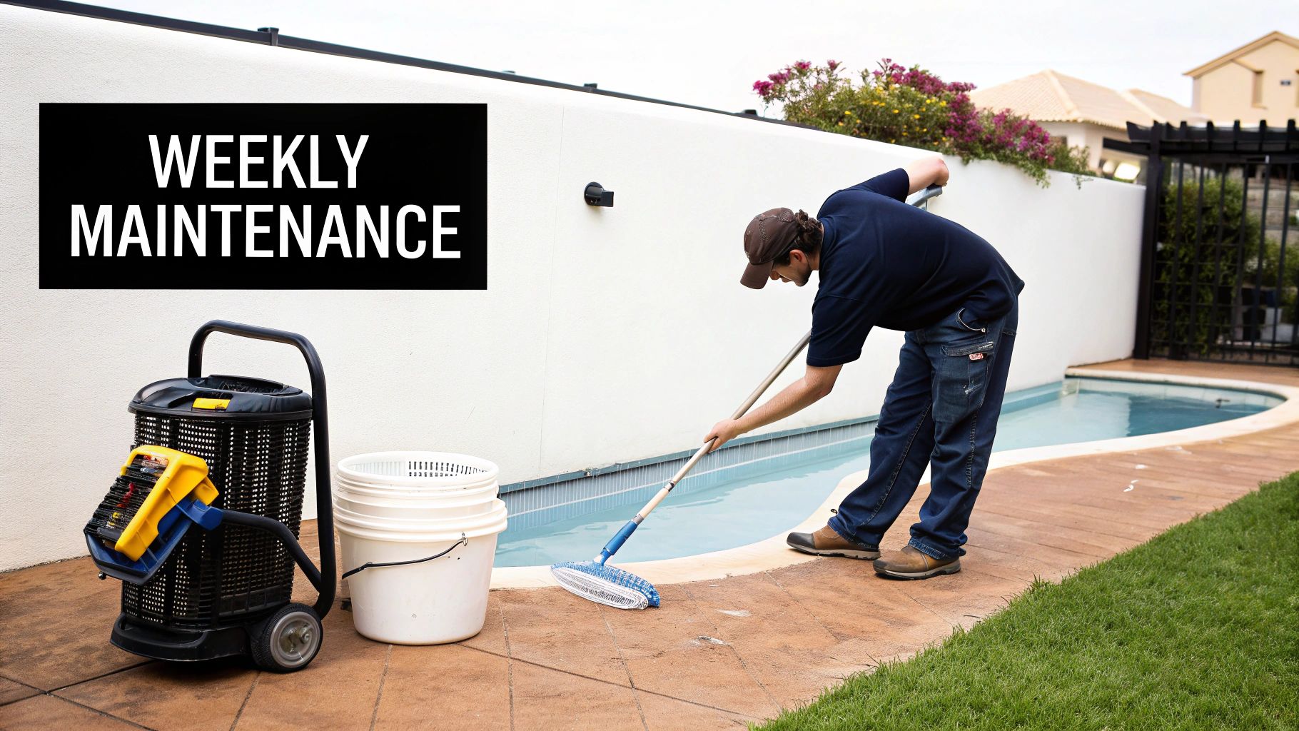 A pool service technician performs weekly maintenance, brushing a residential swimming pool with equipment.