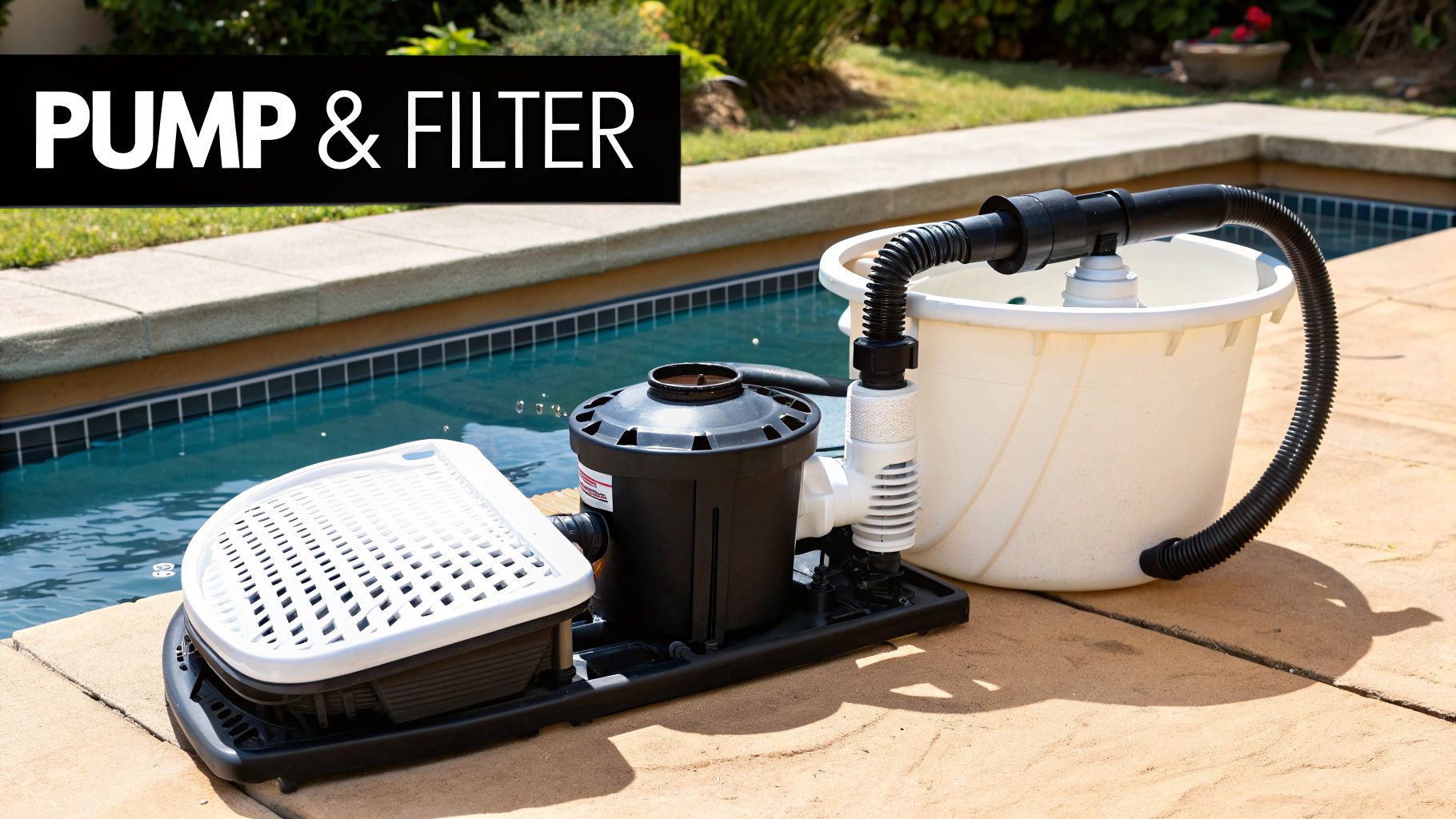 Outdoor view of a black and white pool pump and filter system next to a blue swimming pool.