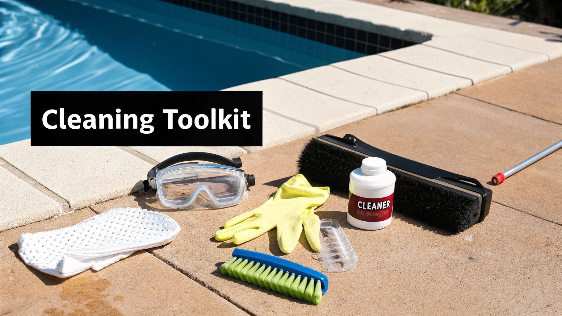A collection of pool tile cleaning tools including brushes, cleaners, and a pumice stone.