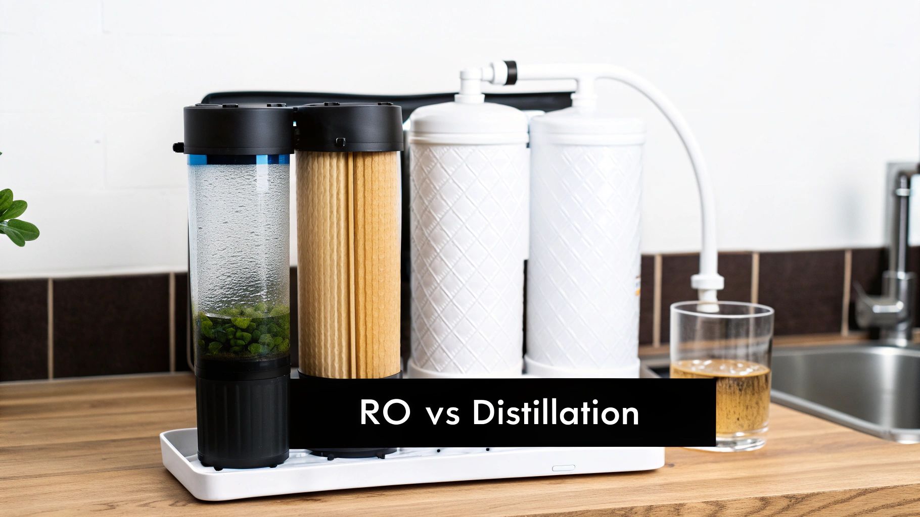 A water filtration system with multiple filters and a glass on a kitchen counter, comparing RO vs Distillation.