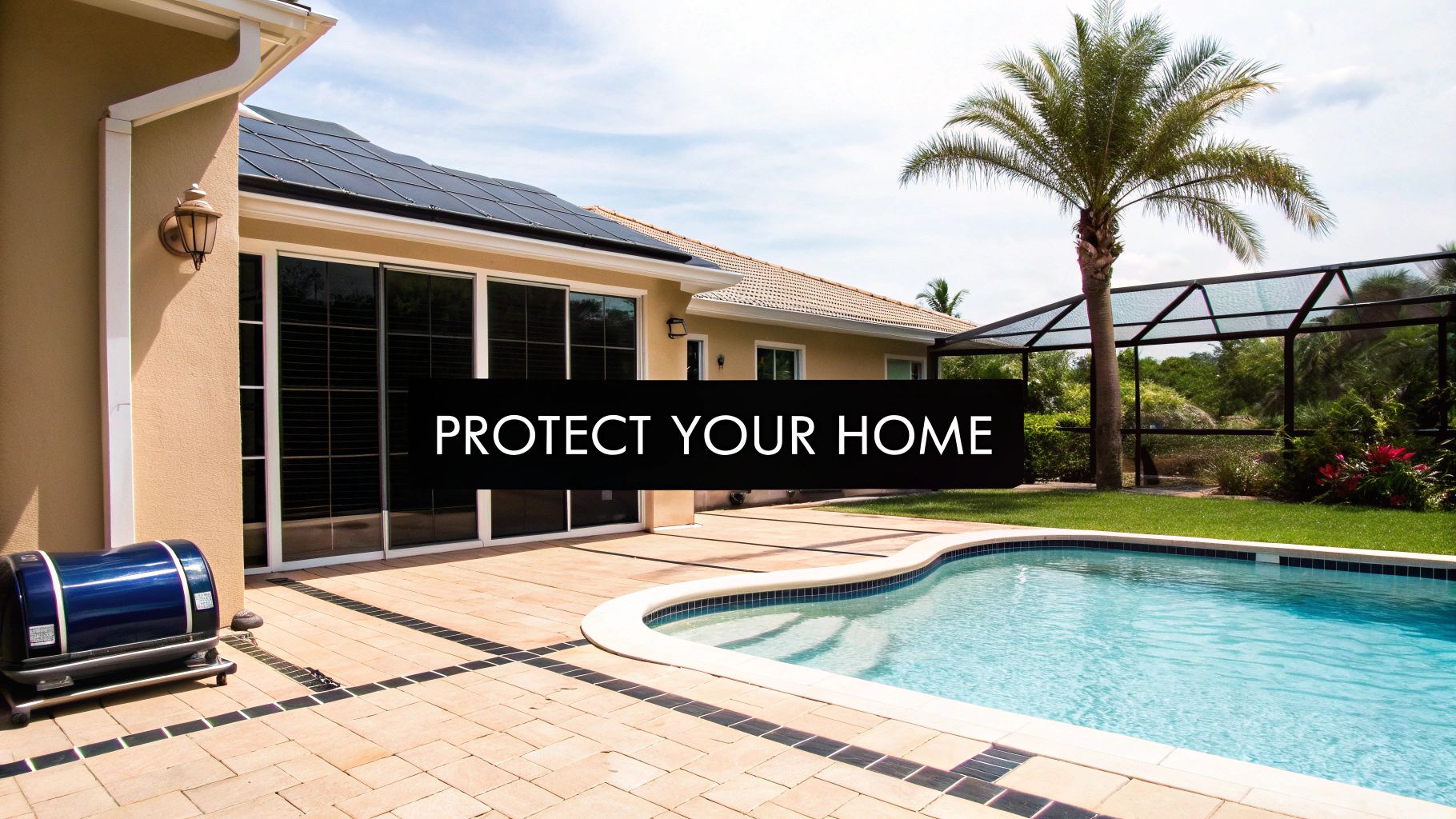 A house with solar panels, a swimming pool, and a patio, featuring text 'PROTECT YOUR HOME'.
