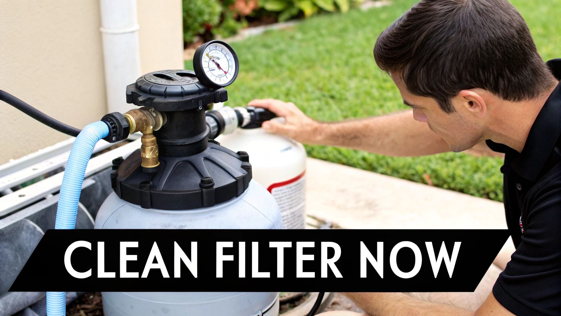 A man adjusts a pool filter with a pressure gauge and blue hose, with text 'CLEAN FILTER NOW'.