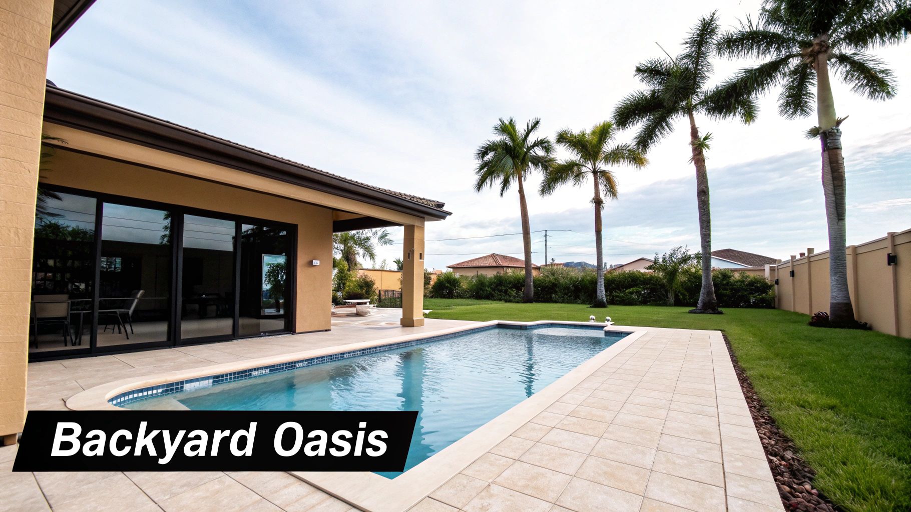 A spacious backyard oasis featuring a clear blue swimming pool, a modern house, and lush palm trees.