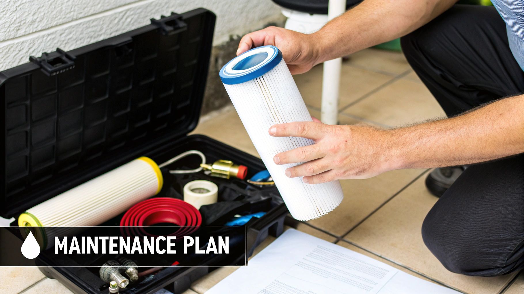 A technician carefully replacing a water filter under a kitchen sink.