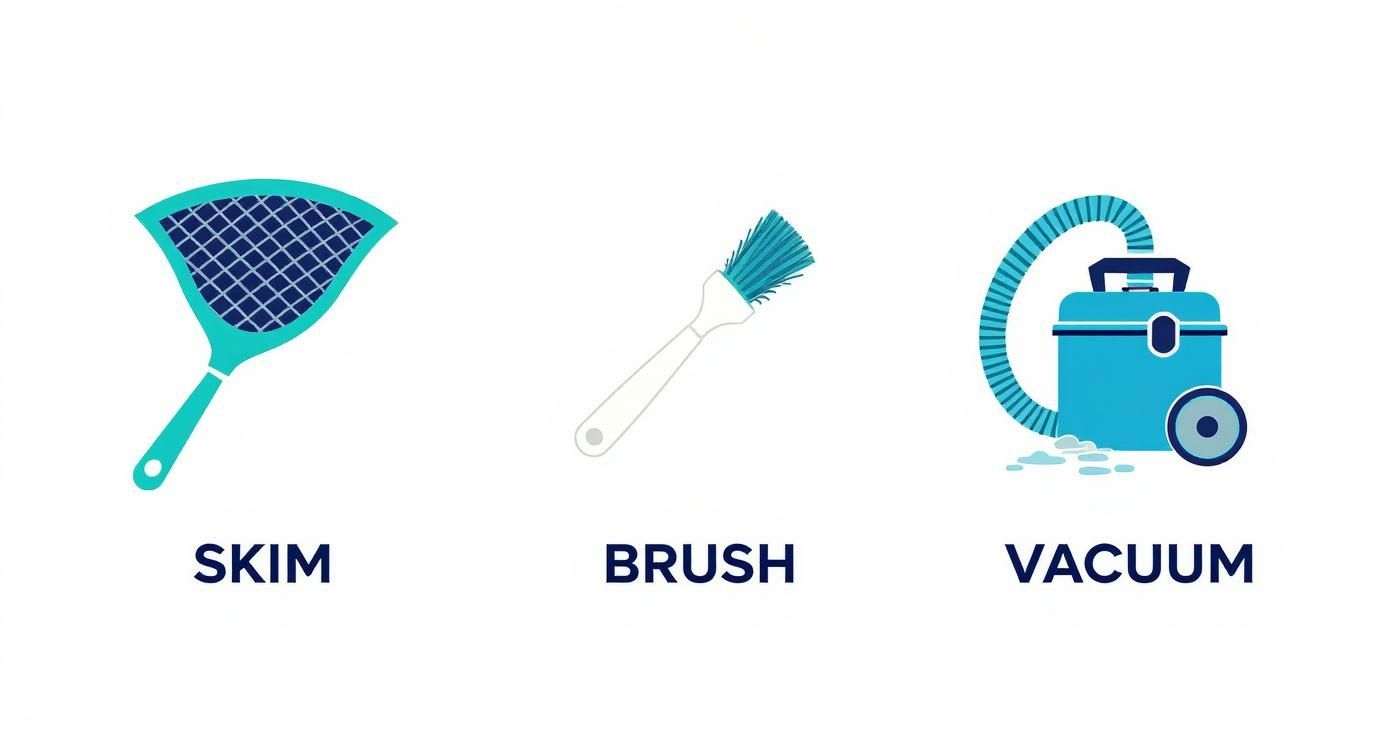 Illustrations showing pool cleaning steps: skim with a net, brush with a brush, and vacuum with a vacuum cleaner.