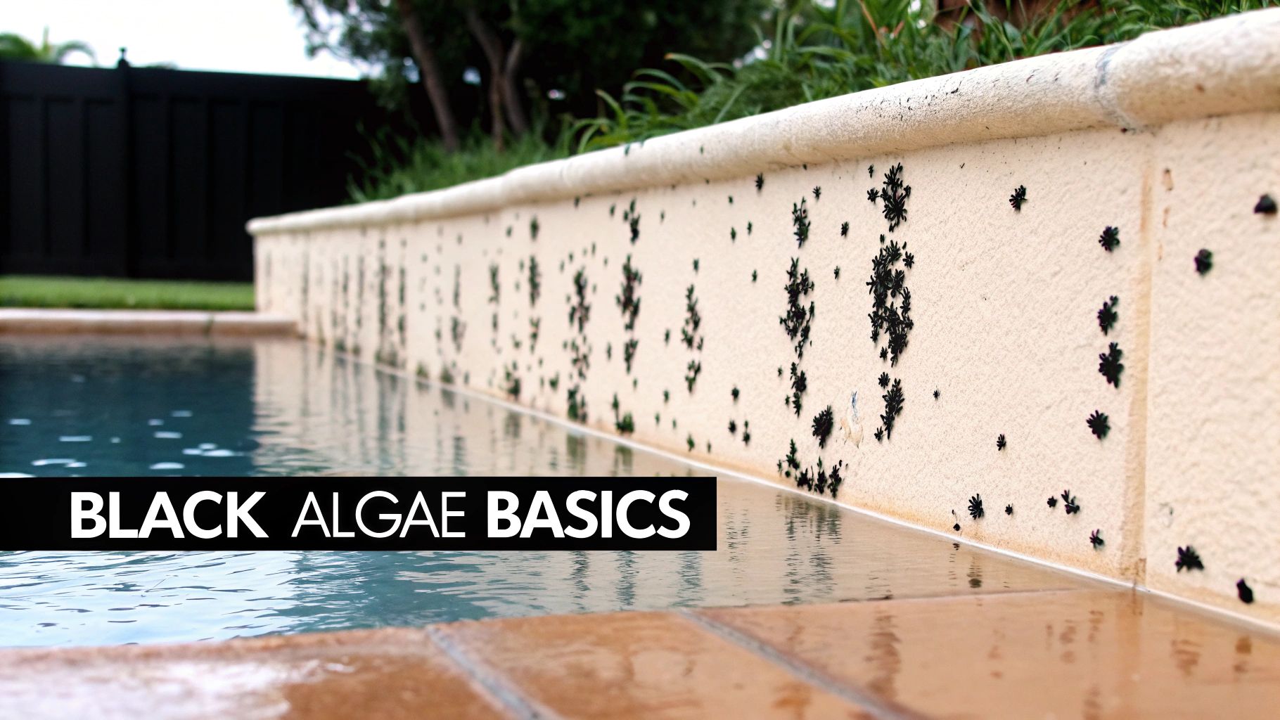 A swimming pool wall covered with many dark, star-shaped black algae growths just above the water surface.