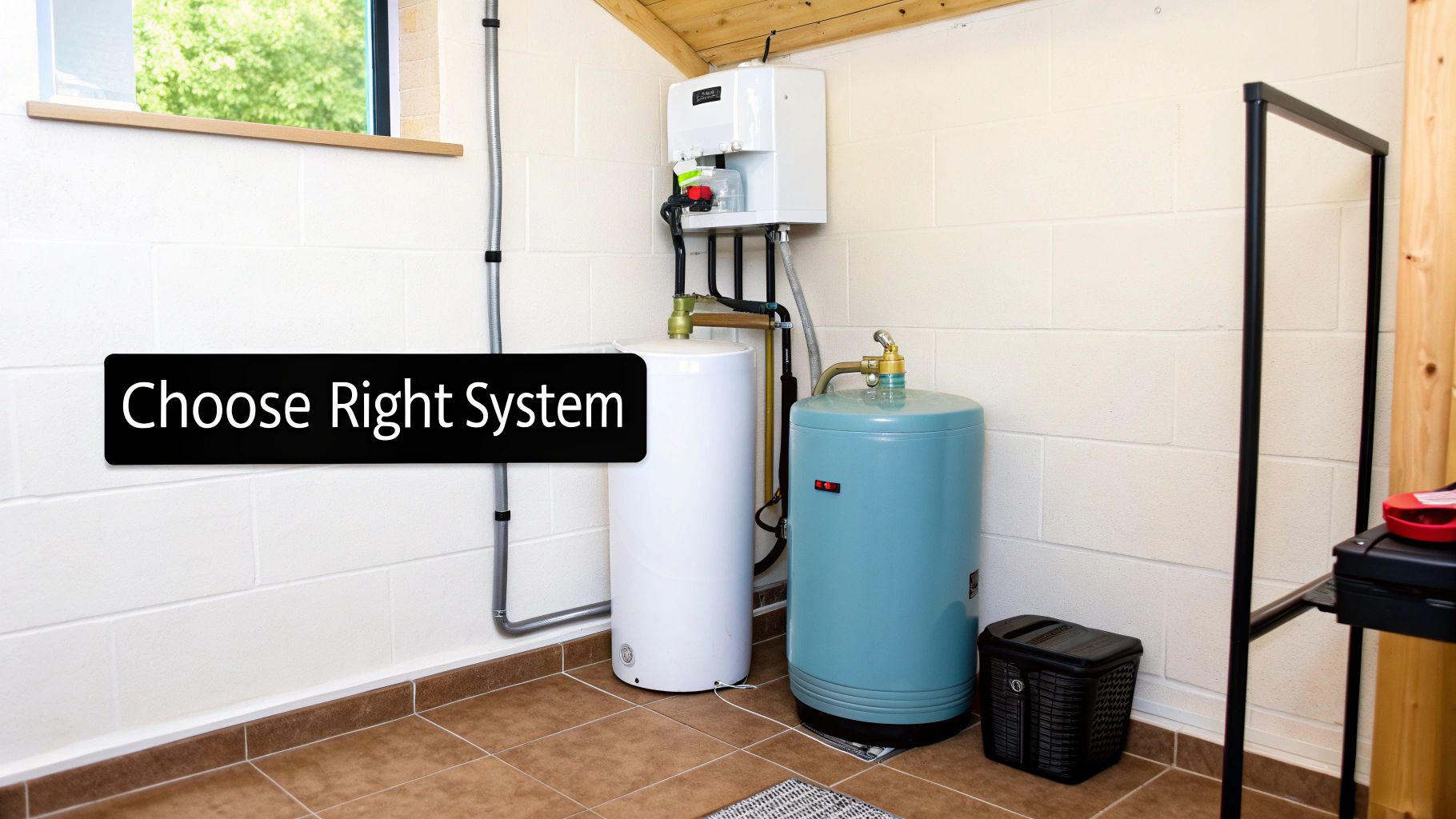 A modern whole-house water filtration system installed in a clean utility room.