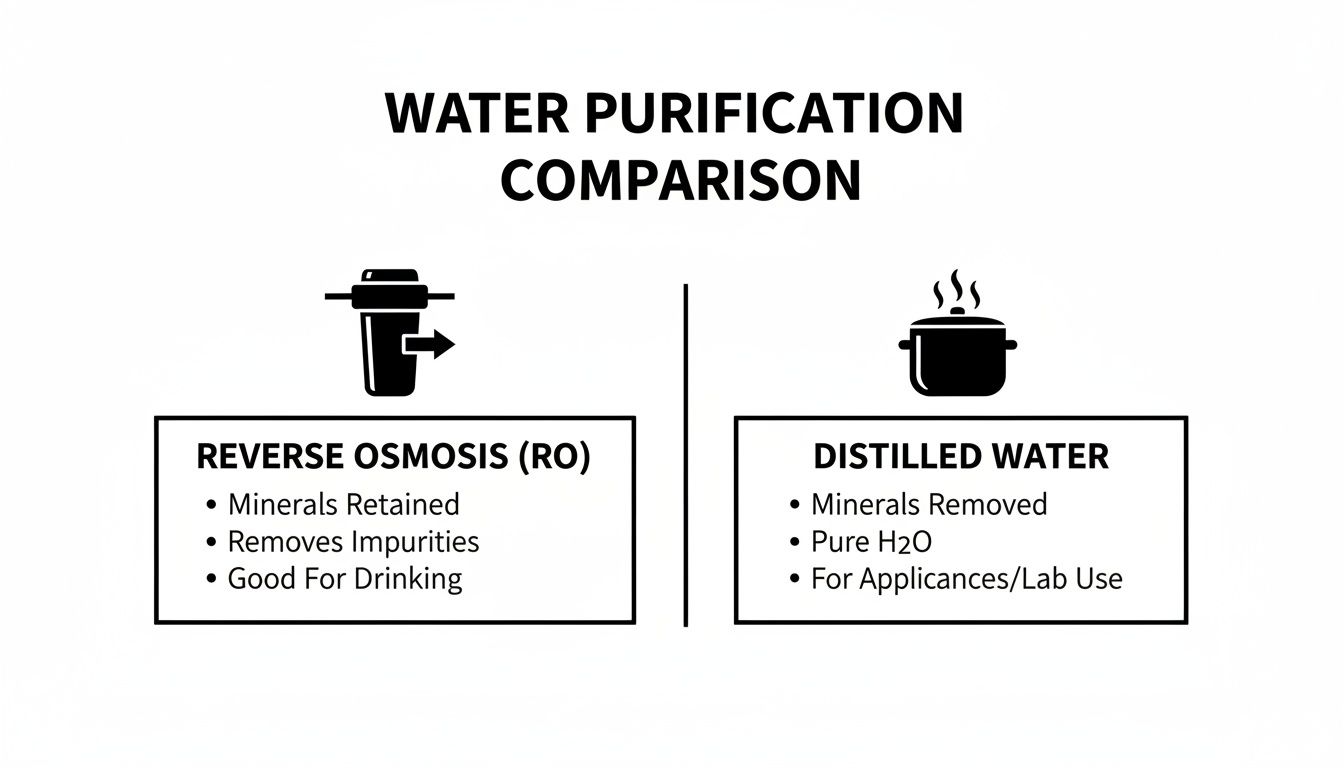 Visual comparison of Reverse Osmosis and Distilled Water purification methods, highlighting their differences and uses.