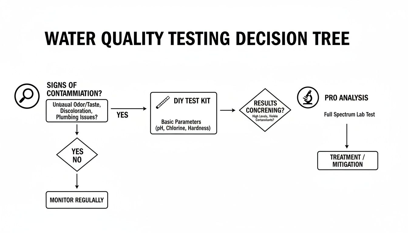 Flowchart detailing a water quality testing decision tree, from contamination signs to treatment.