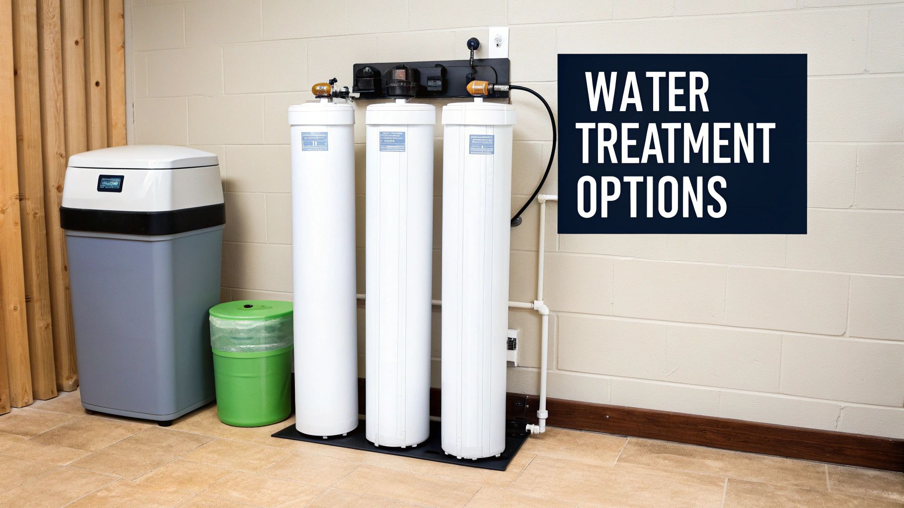 Complete home water treatment system featuring a water softener and three large water filter tanks.