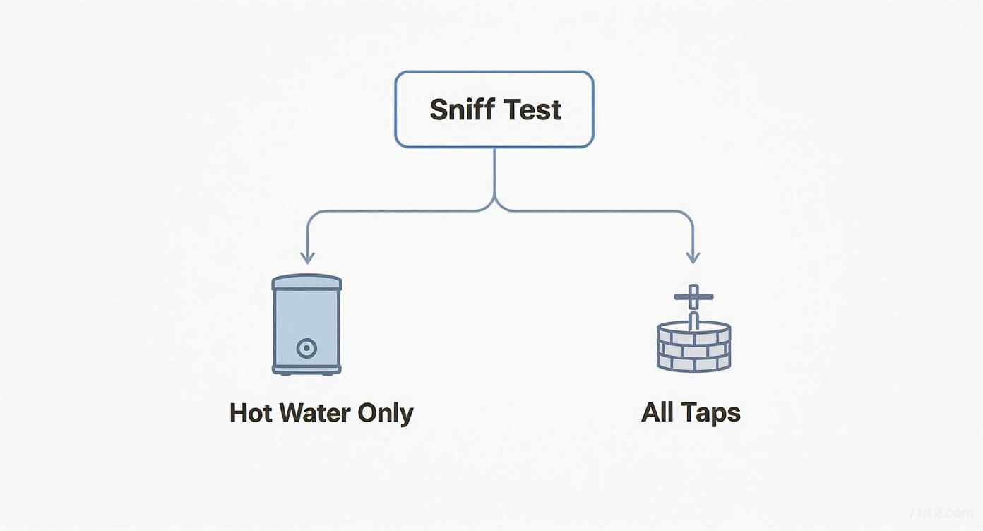 Flowchart showing a 'Sniff Test' for water quality issues, leading to specific diagnostic paths.