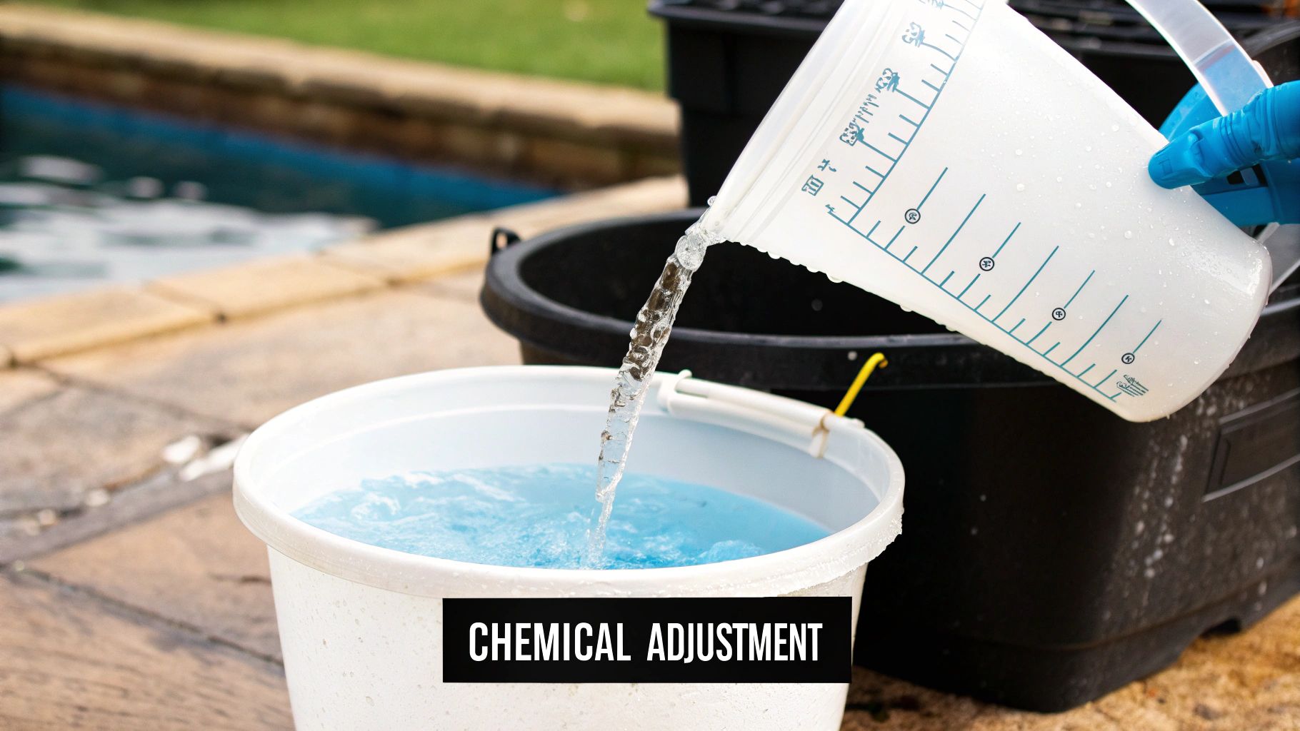 A person safely adding chemicals to a swimming pool.