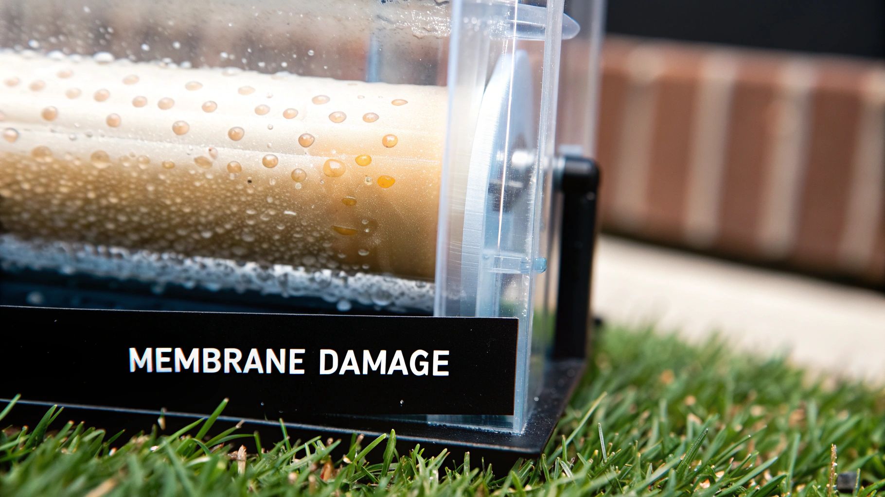 Close-up of a reverse osmosis filter showing membrane damage with water droplets and discoloration, on grass.