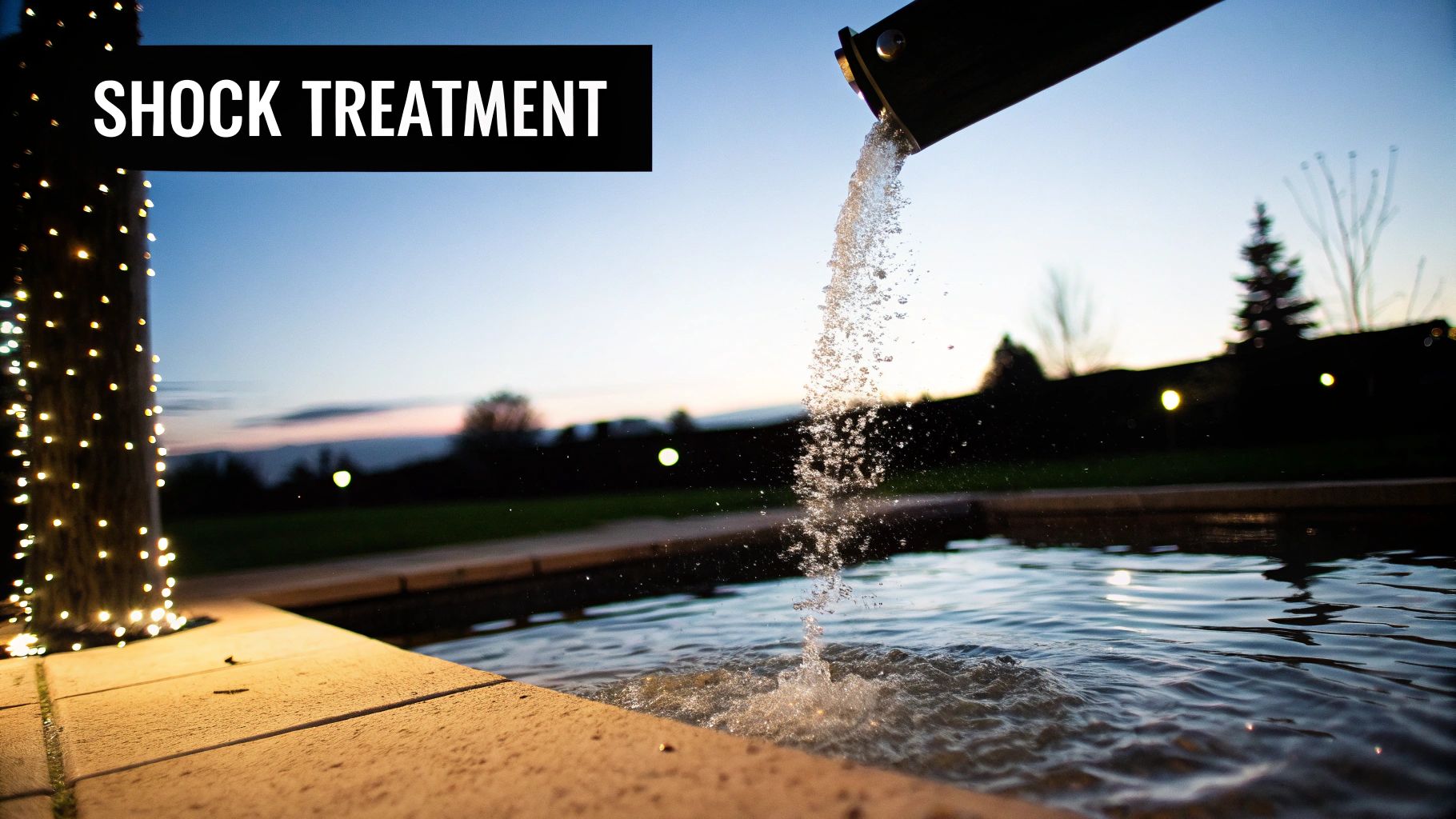 A person in protective gloves carefully pouring pool chemicals into the water.