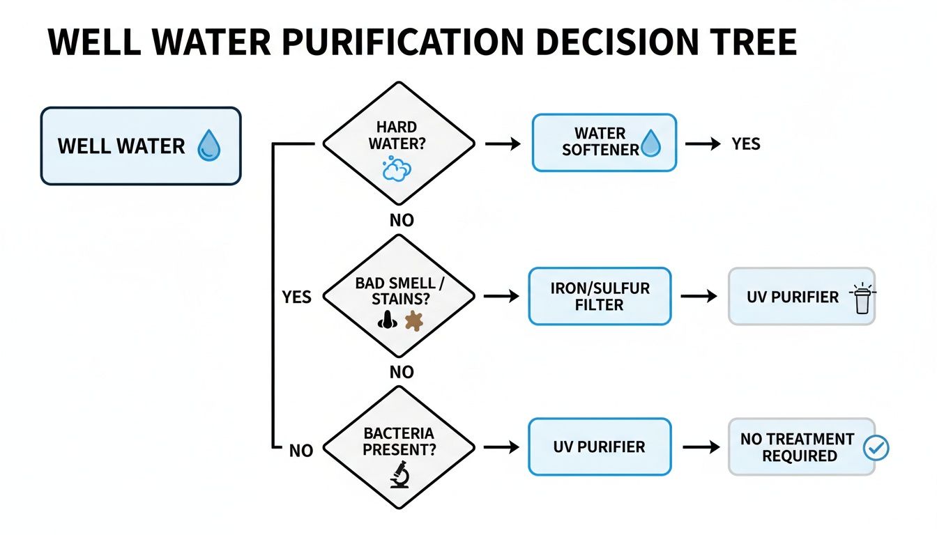 Decision tree flowchart showing steps and treatments for purifying well water based on water quality issues.