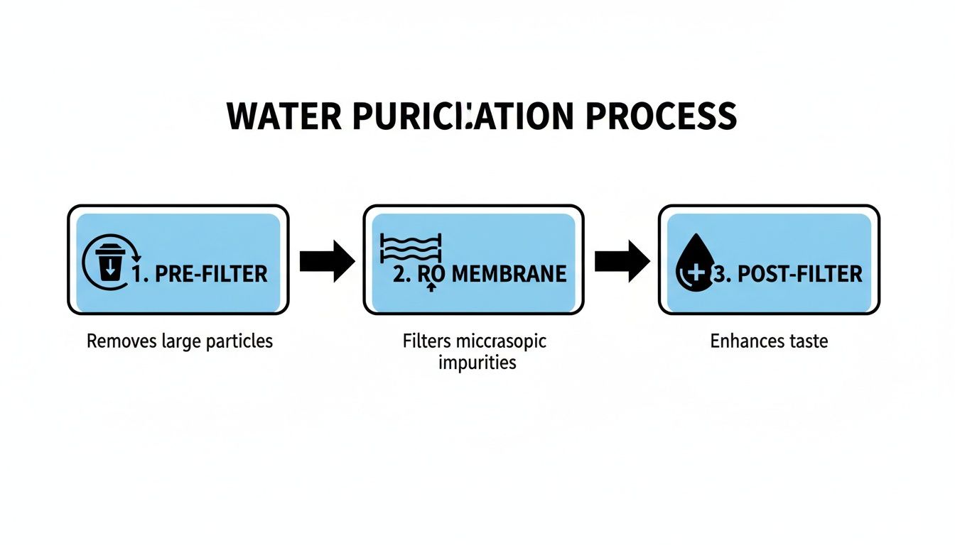 Diagram illustrating the three-stage water purification process: pre-filter, RO membrane, and post-filter.