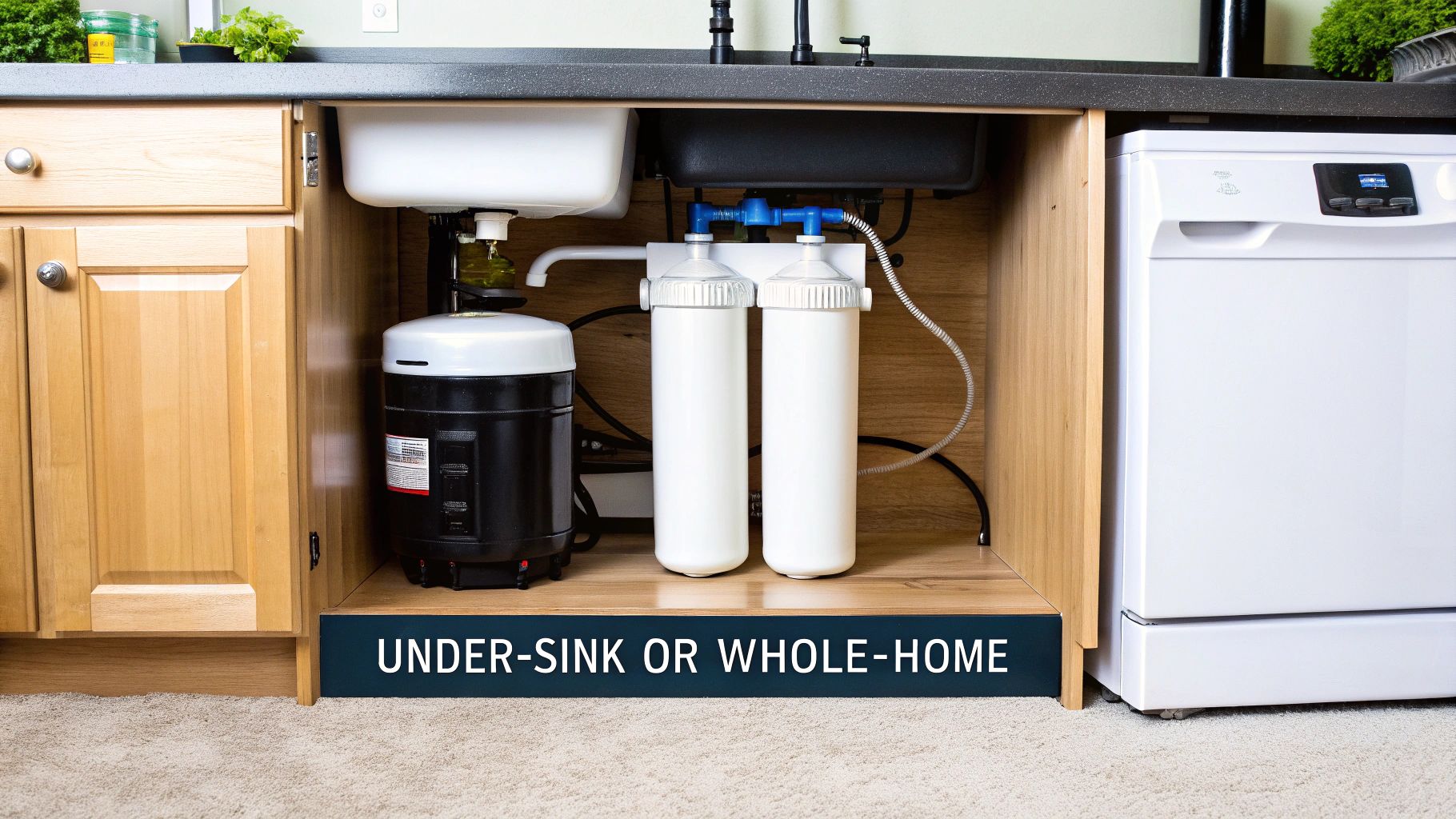 Under-sink view of a kitchen cabinet with a garbage disposal and a two-stage water filtration system.