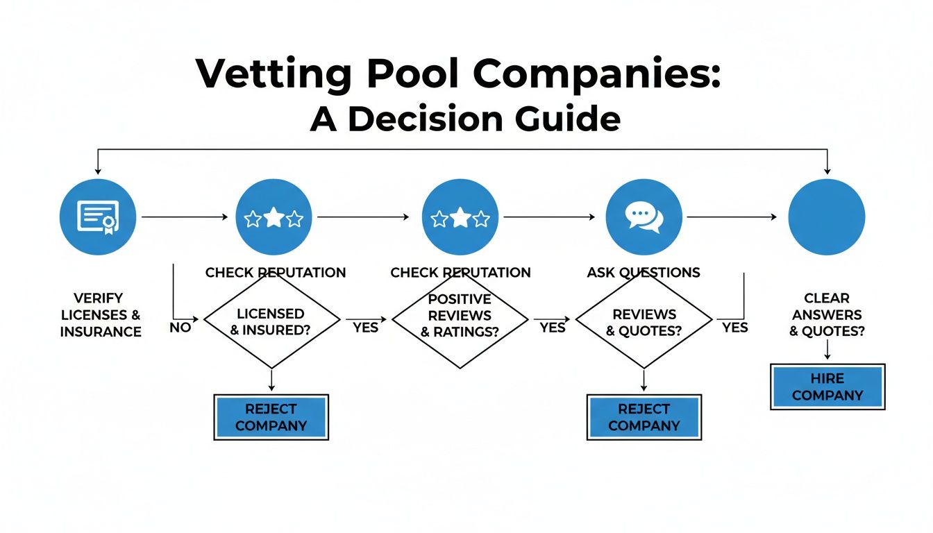 A flowchart detailing steps to vet pool companies, including checking licenses, insurance, reputation, and quotes.