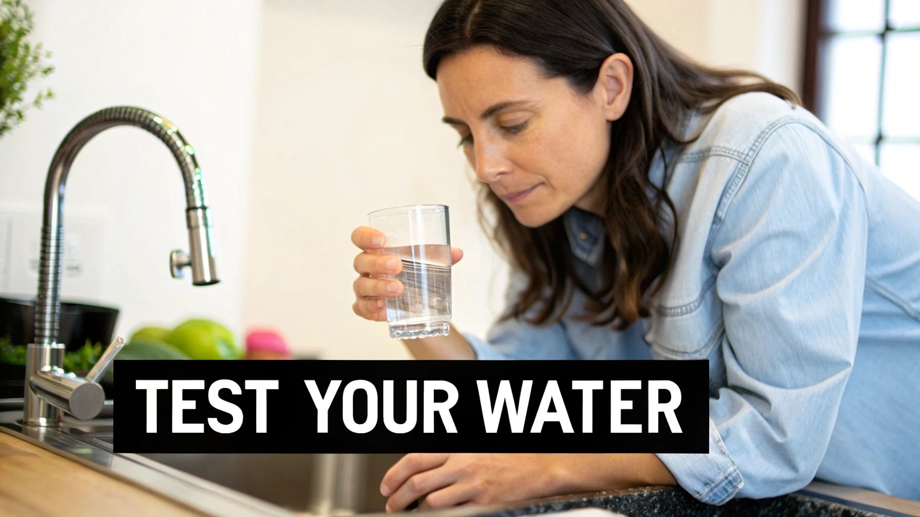 A woman in a kitchen holds a glass of water, with a 'TEST YOUR WATER' banner.