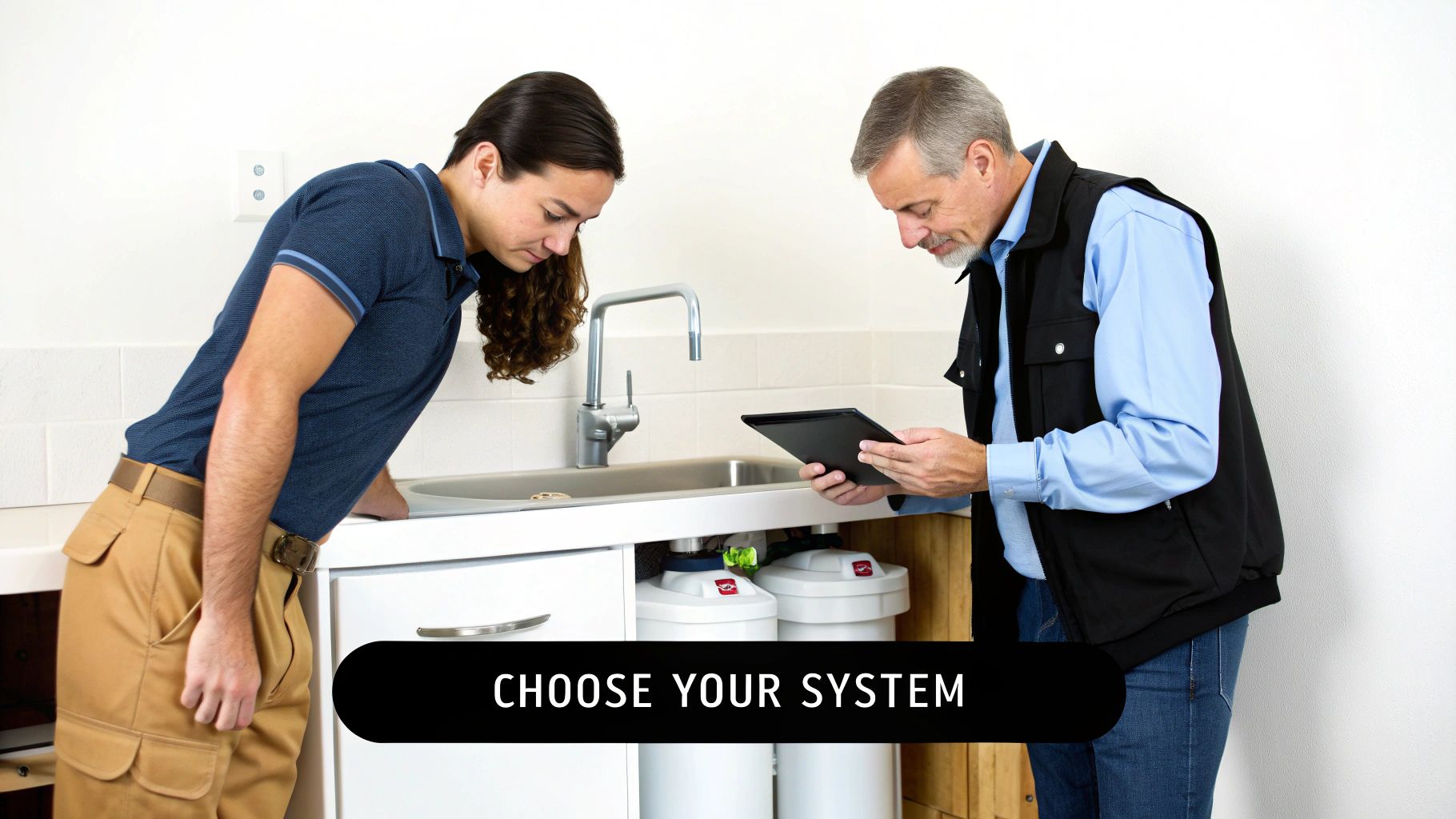 A family enjoying a glass of clean water in their kitchen.