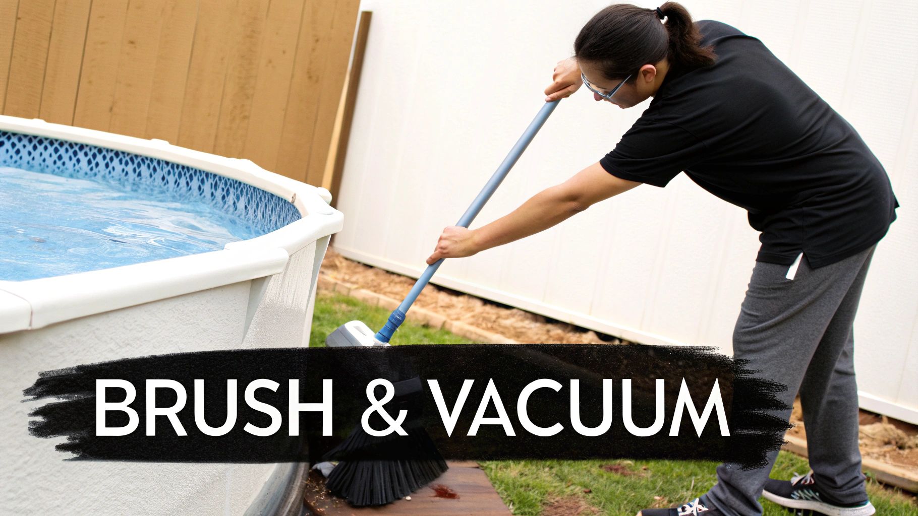 A person diligently brushes the exterior of an above-ground swimming pool for maintenance.