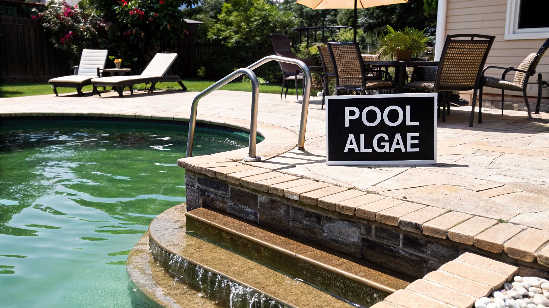 A swimming pool with murky, green water indicating an algae problem.