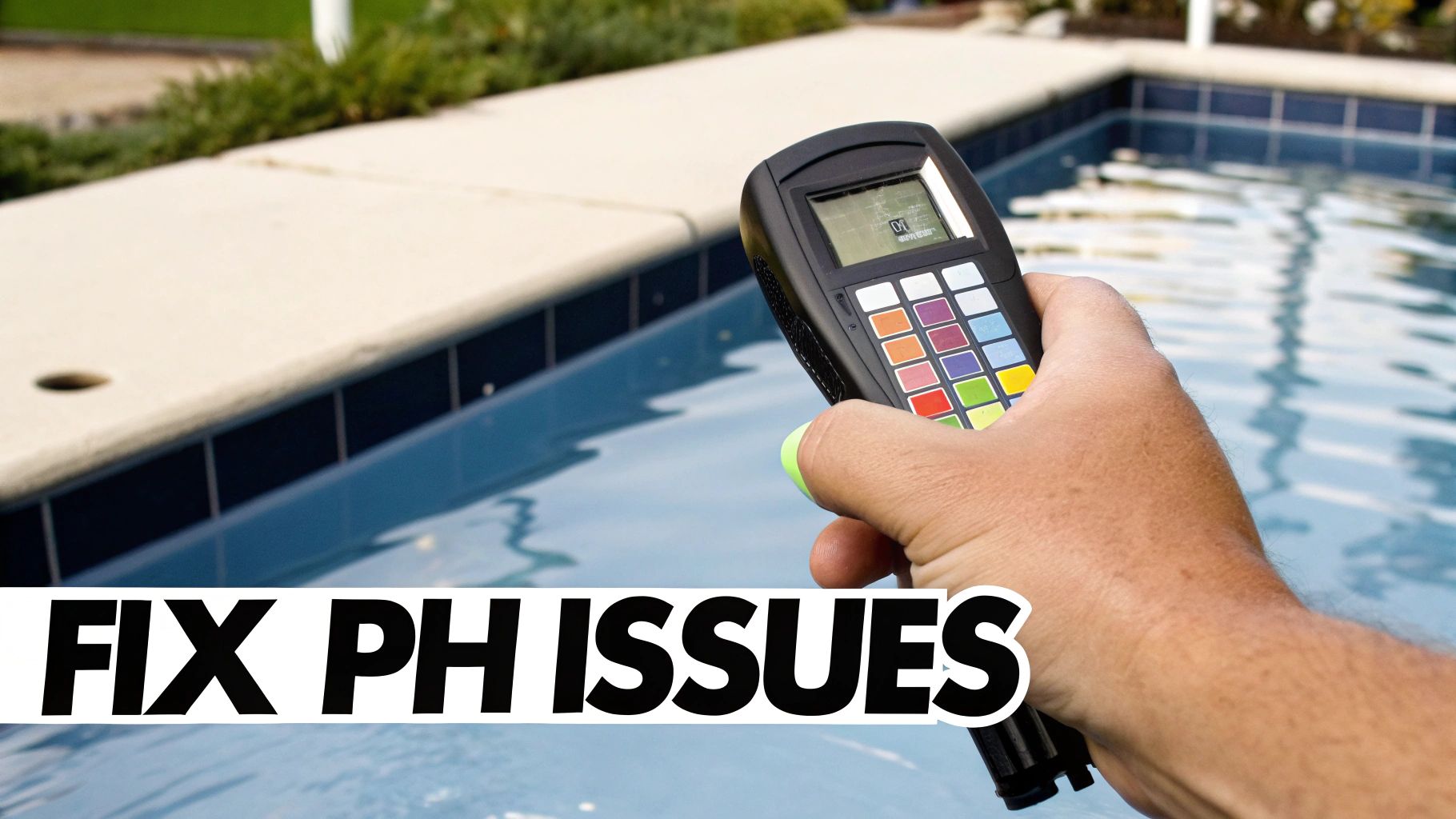 A hand holds a pool water testing device over a swimming pool with text 'FIX PH ISSUES'.
