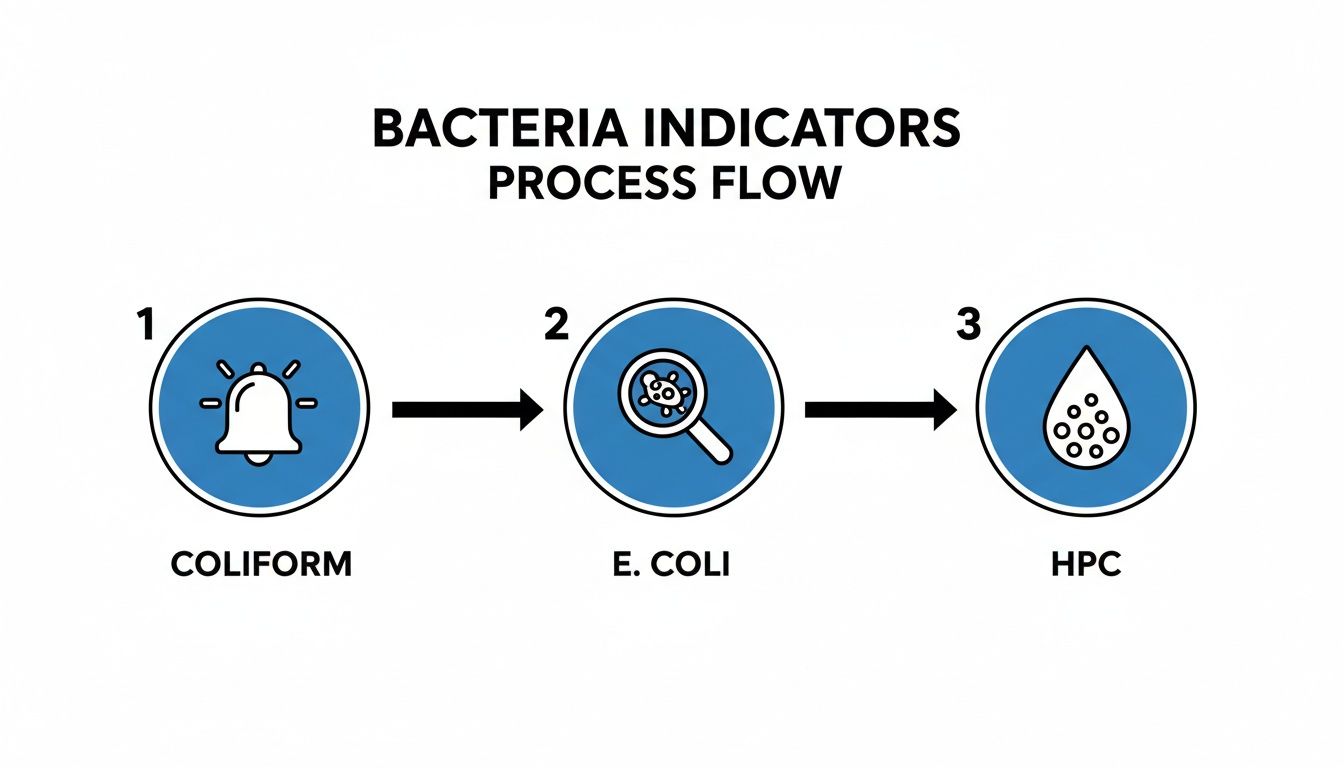 Bacteria indicators process flow diagram showing three steps: Coliform, E. Coli, and HPC.