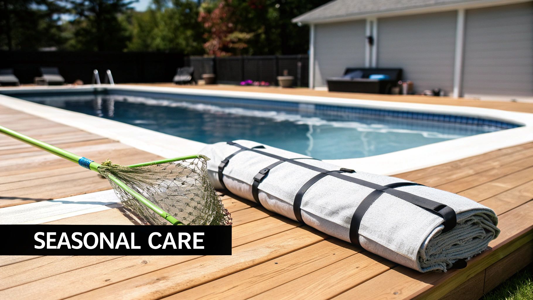 A pool skimmer net and a rolled pool cover on a wooden deck beside a swimming pool.