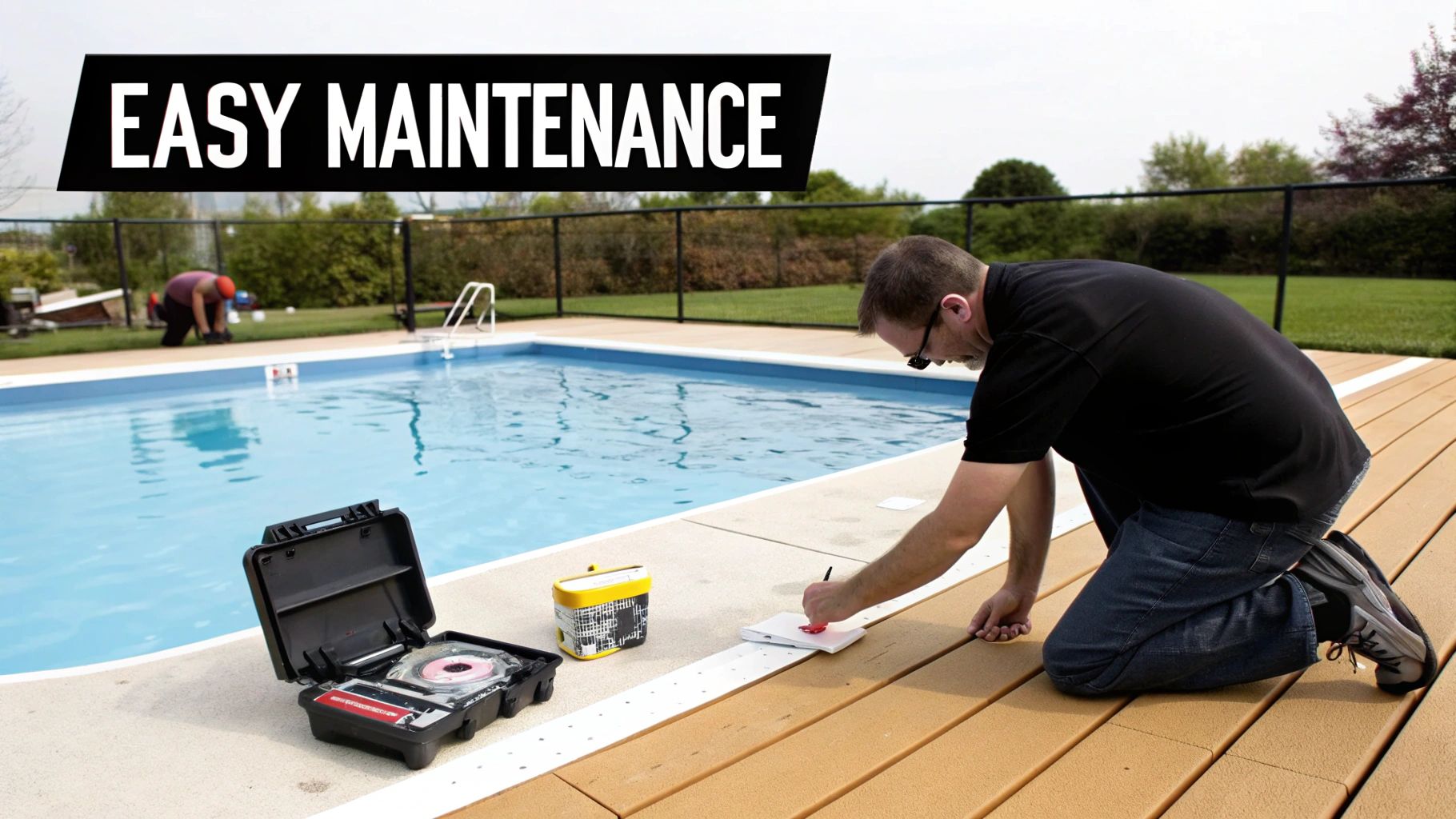 A man kneels beside a blue swimming pool, using a testing kit and writing notes for easy maintenance.