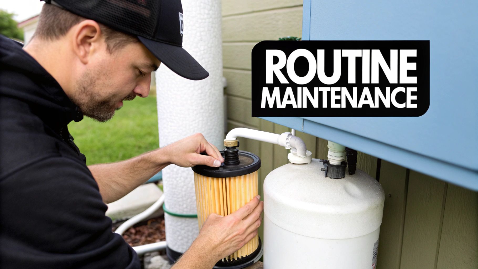 A technician checks the gauges on a residential water treatment system.