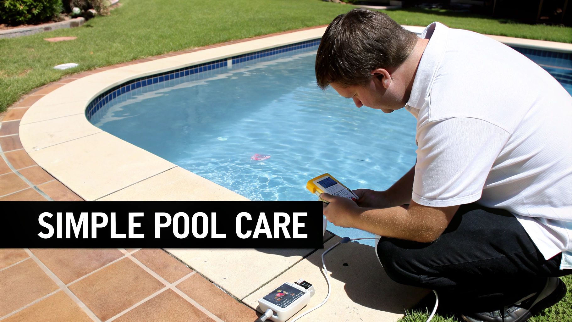 A person testing the water quality of a beautiful saltwater pool with a professional kit.