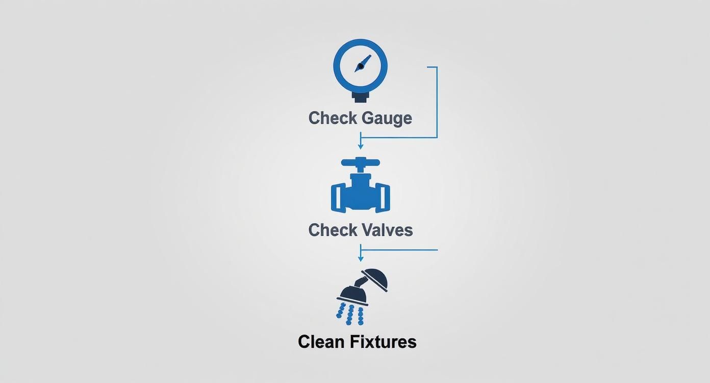 Flowchart with icons showing steps to check gauge, valves, and clean fixtures for water system maintenance.