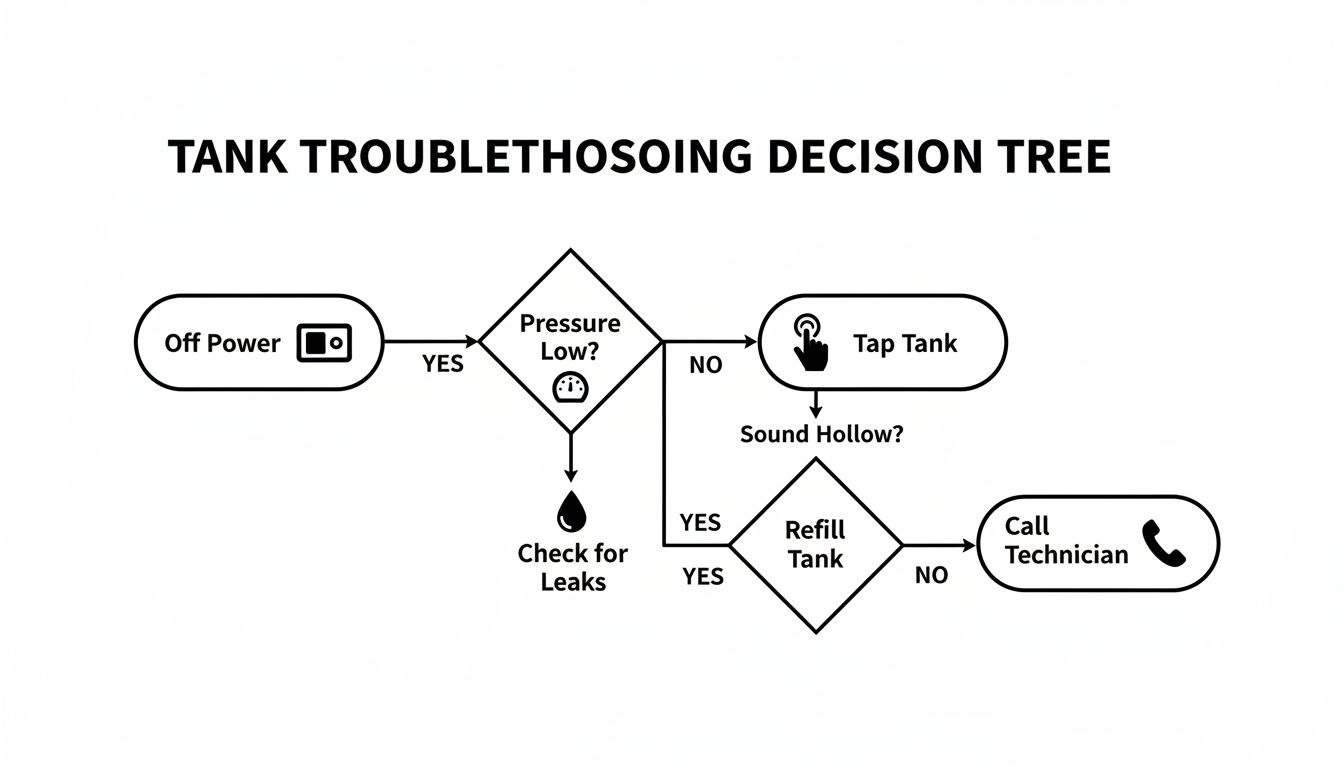 Flowchart illustrating a tank troubleshooting decision tree, guiding users through steps like checking pressure, leaks, and refilling.