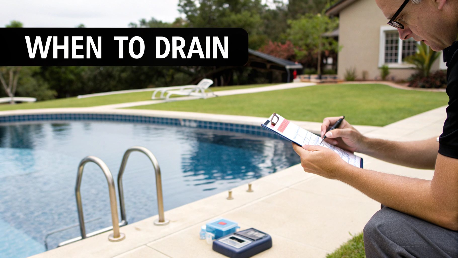 A person inspecting the clear water of a well-maintained residential swimming pool.