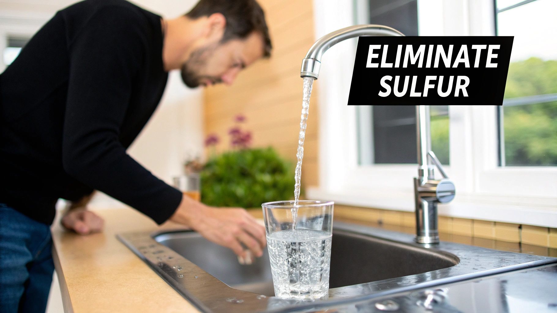 A man fills a clear glass with fresh, clean water from a kitchen faucet, emphasizing water filtration.