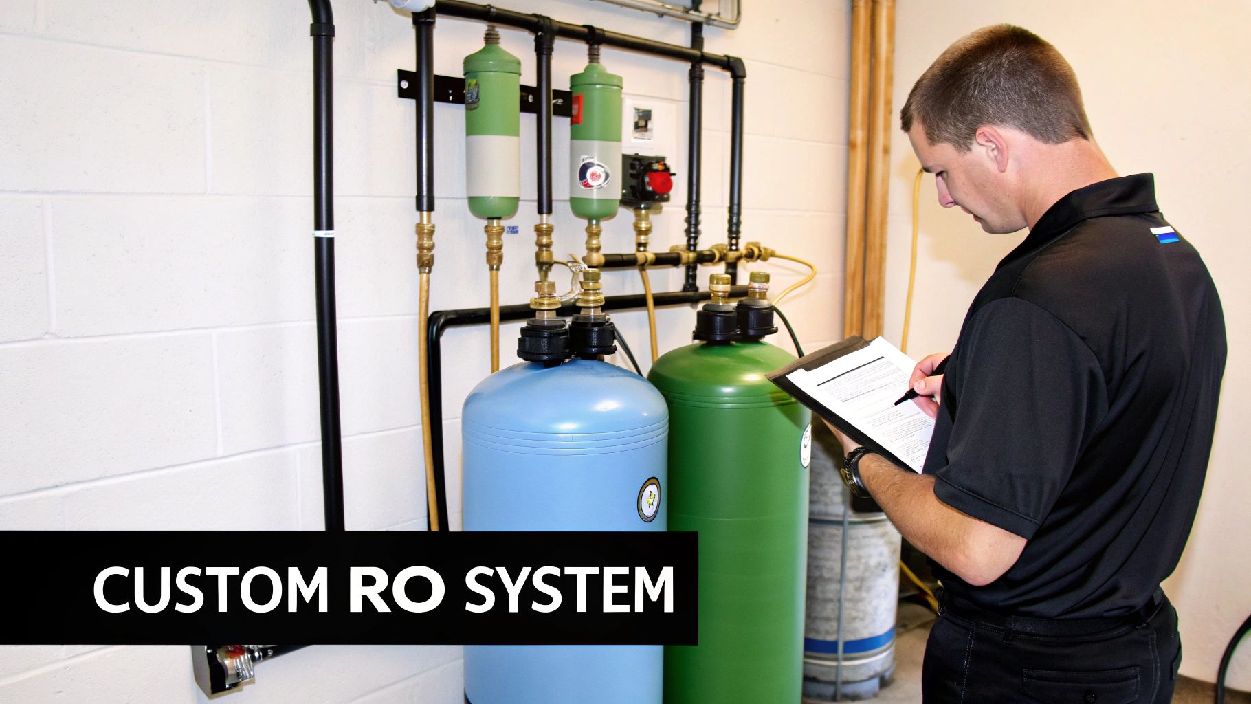A technician inspects a custom reverse osmosis (RO) water filtration system with blue and green tanks.