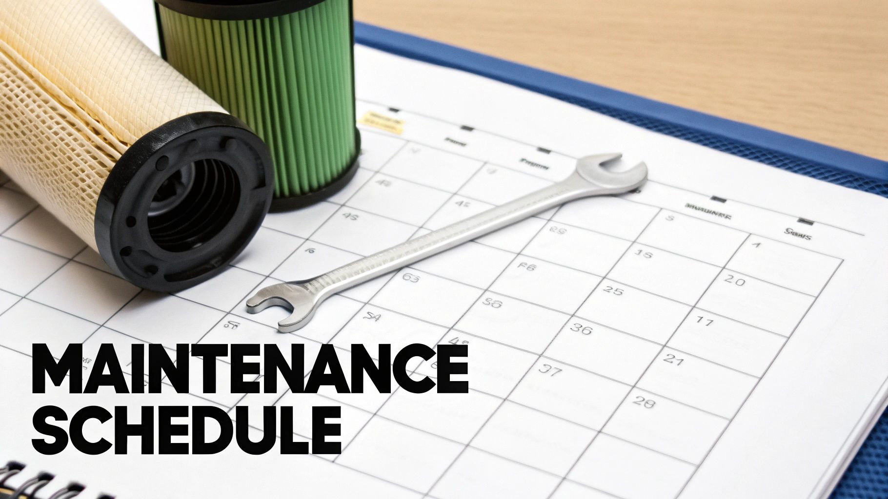 A wrench and oil filters on a calendar with 'MAINTENANCE SCHEDULE' for vehicle upkeep.