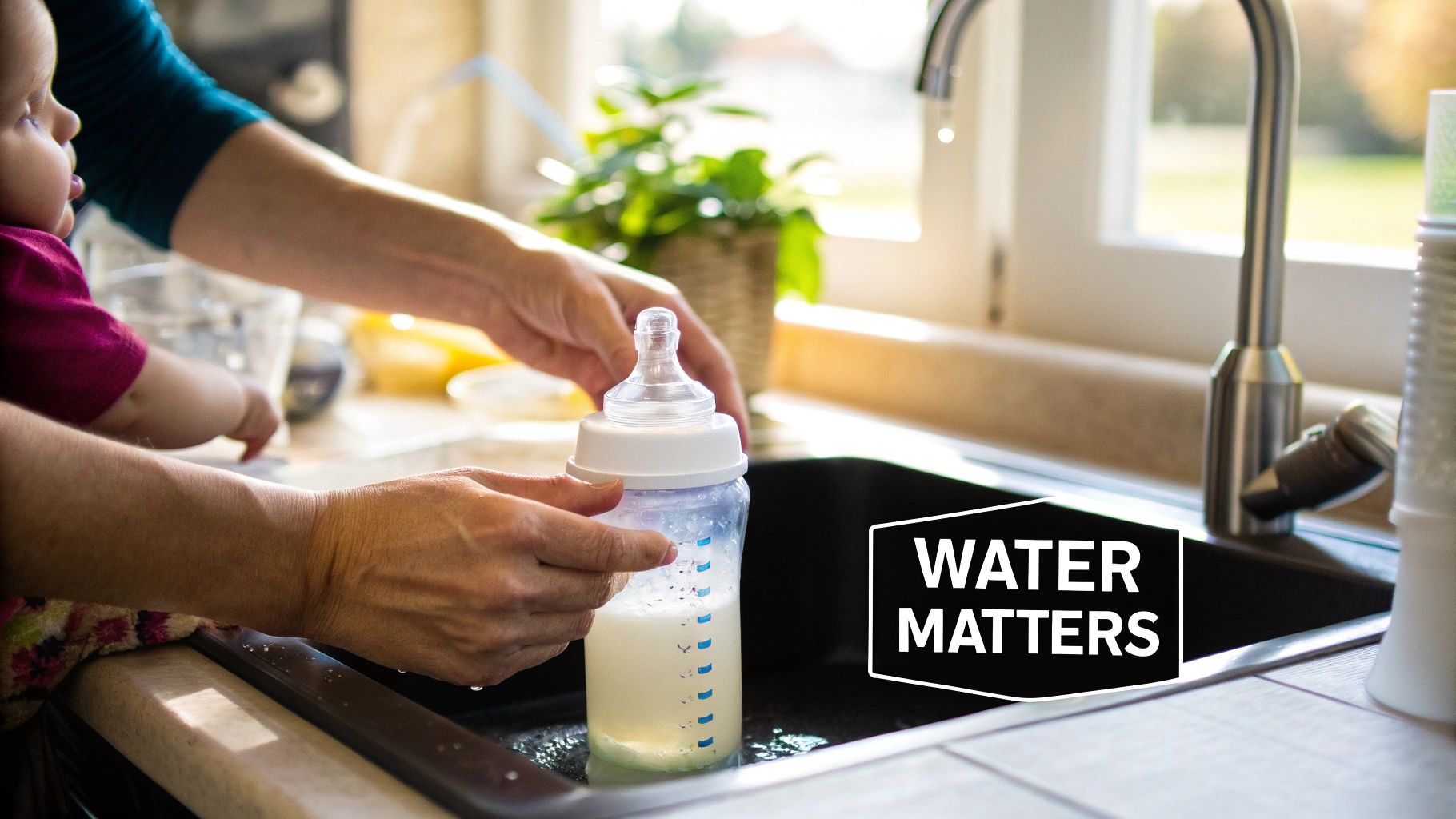 Adult hands preparing a baby bottle with formula at a kitchen sink.