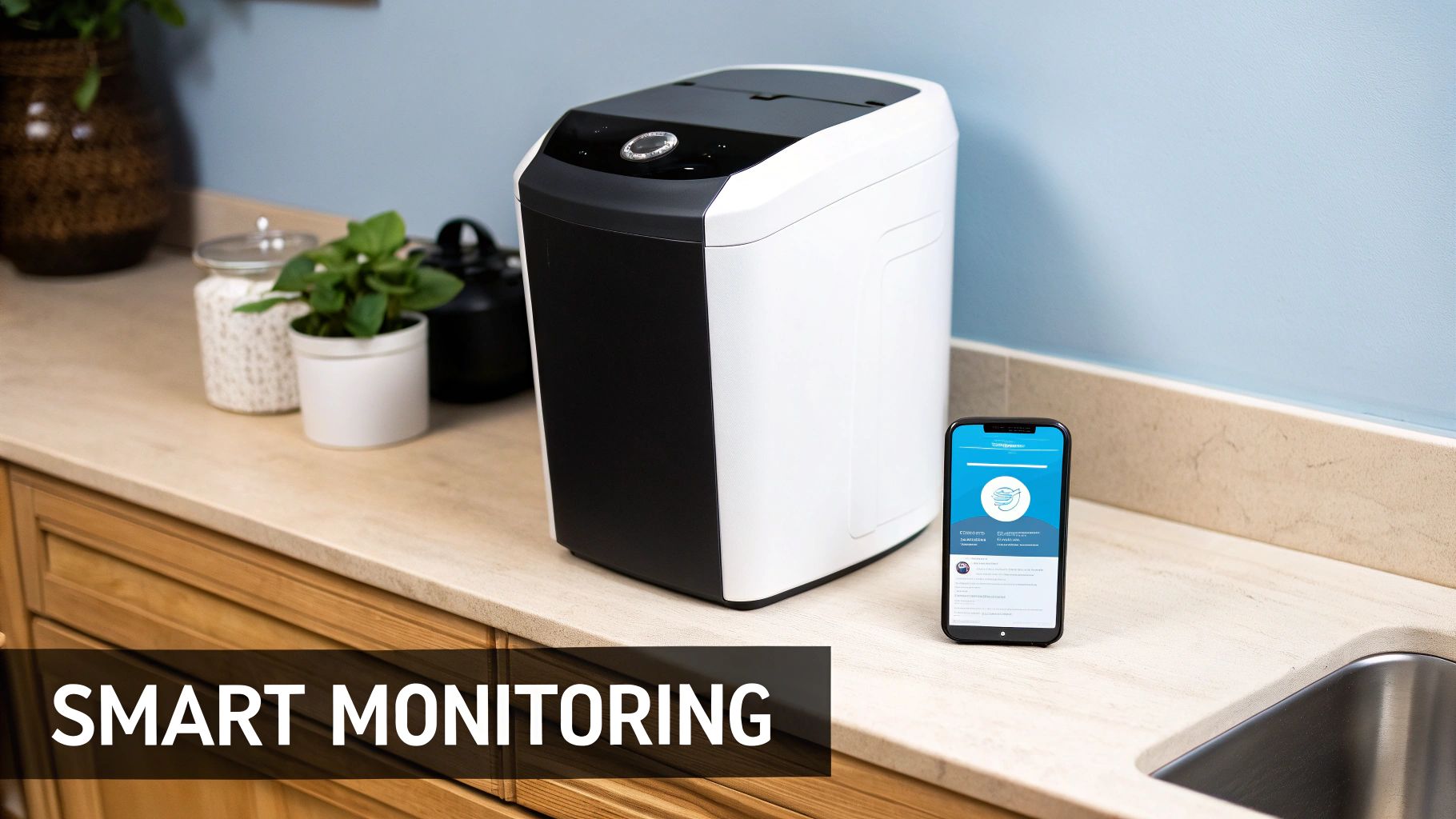 A person using their smartphone to check the status of their smart water softener system.