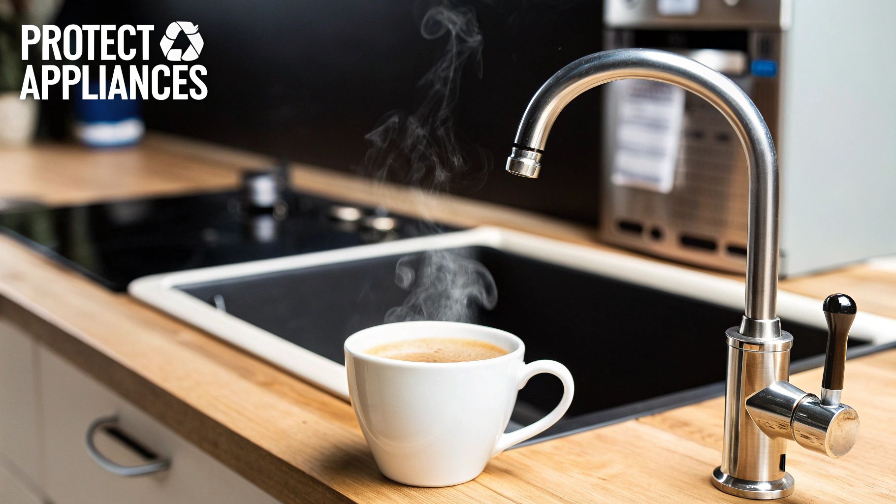 A steaming cup of coffee sits on a modern kitchen counter next to a sleek water faucet.